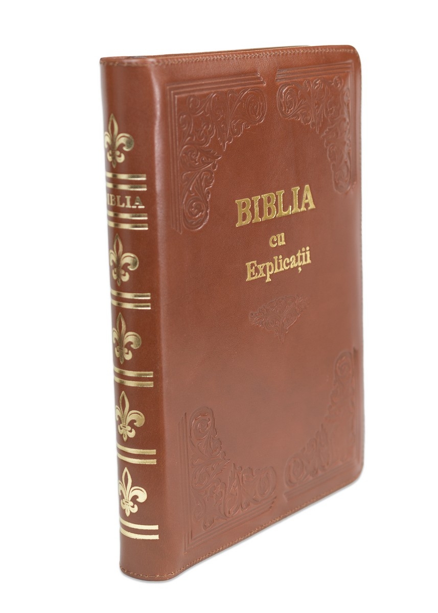 Biblia cu concordanta si explicatii, coperta piele HANDMADE, mare, culoare maro, fermoar, index, margini aurii, cuv. lui Isus cu rosu [CO 77 HMI]