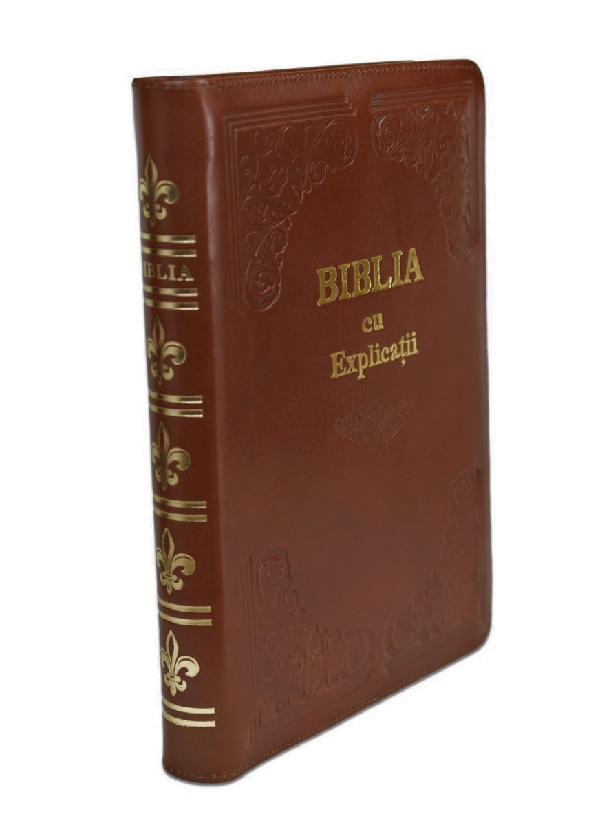 Biblia cu concordanta si explicatii, coperta piele HANDMADE, mare, culoare maro, fermoar, index, margini aurii, cuv. lui Isus cu rosu [CO 77 HMI]