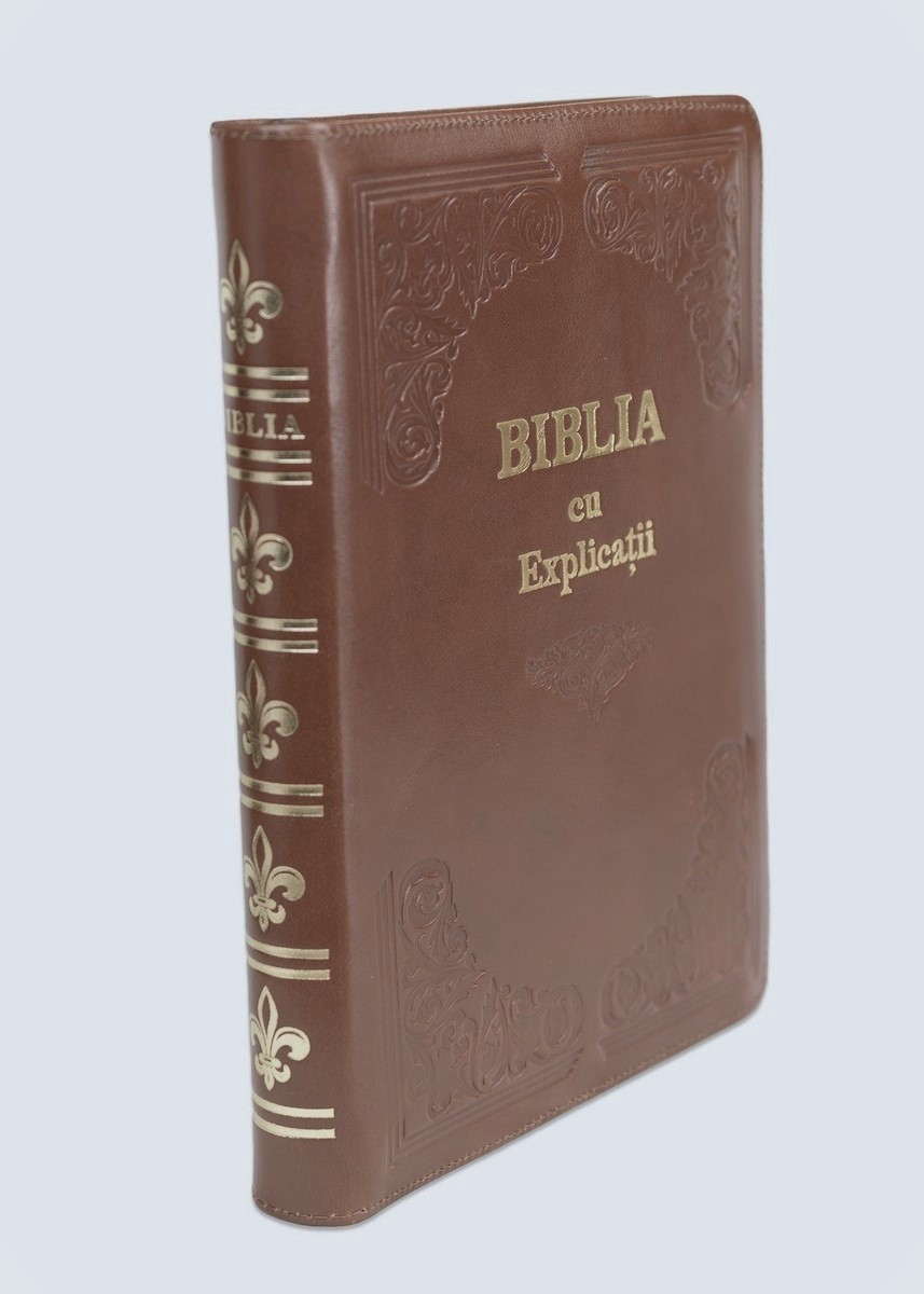 Biblia cu concordanta si explicatii, coperta piele HANDMADE, mare, culoare maro, fermoar, index, margini aurii, cuv. lui Isus cu rosu [CO 77 HMI]