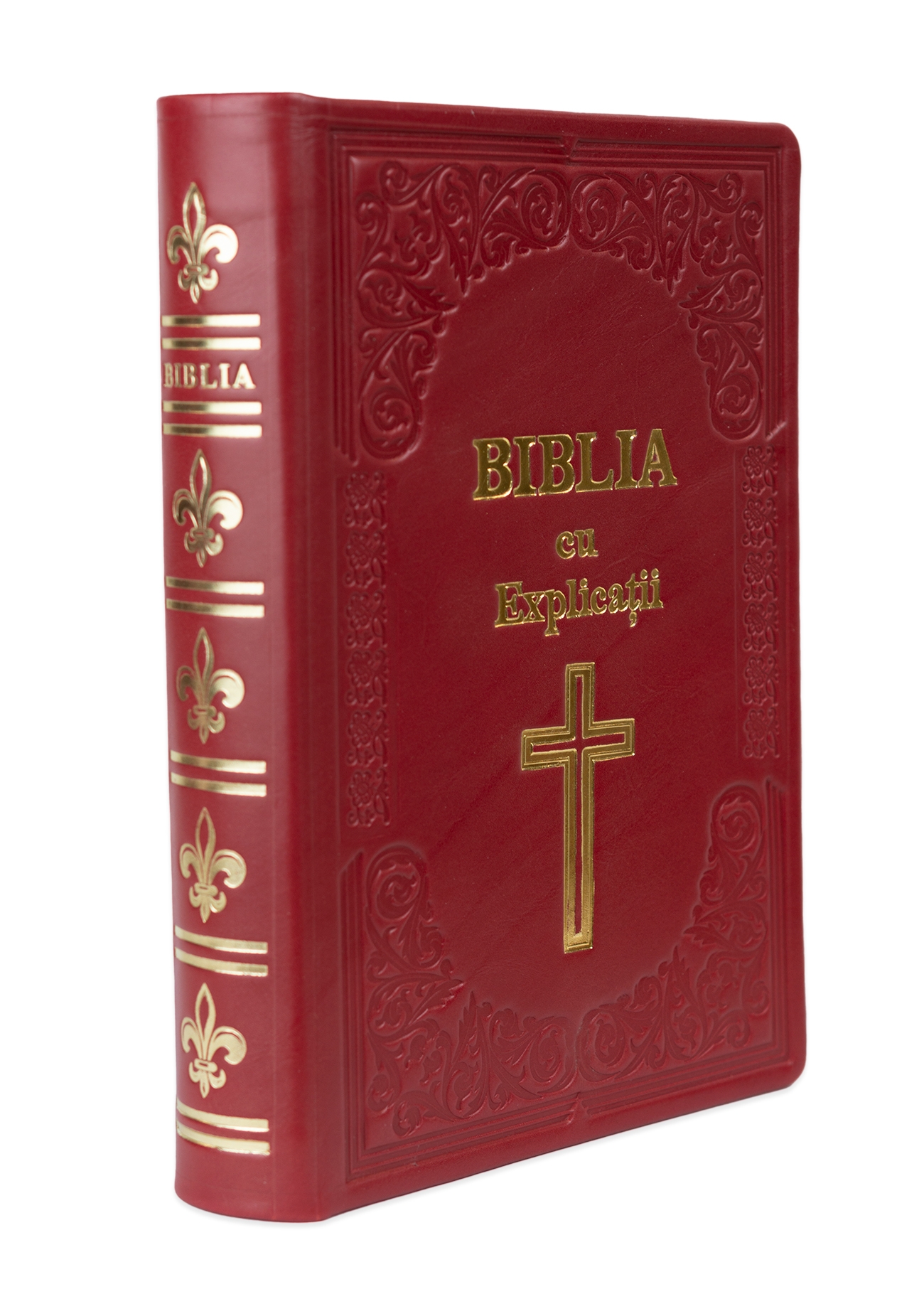 Biblia cu concordanta si explicatii, HANDMADE, mare, piele, roșu închis, index, aurita,  cuv. lui Isus cu rosu, simbol cruce [CO 77 HMI]