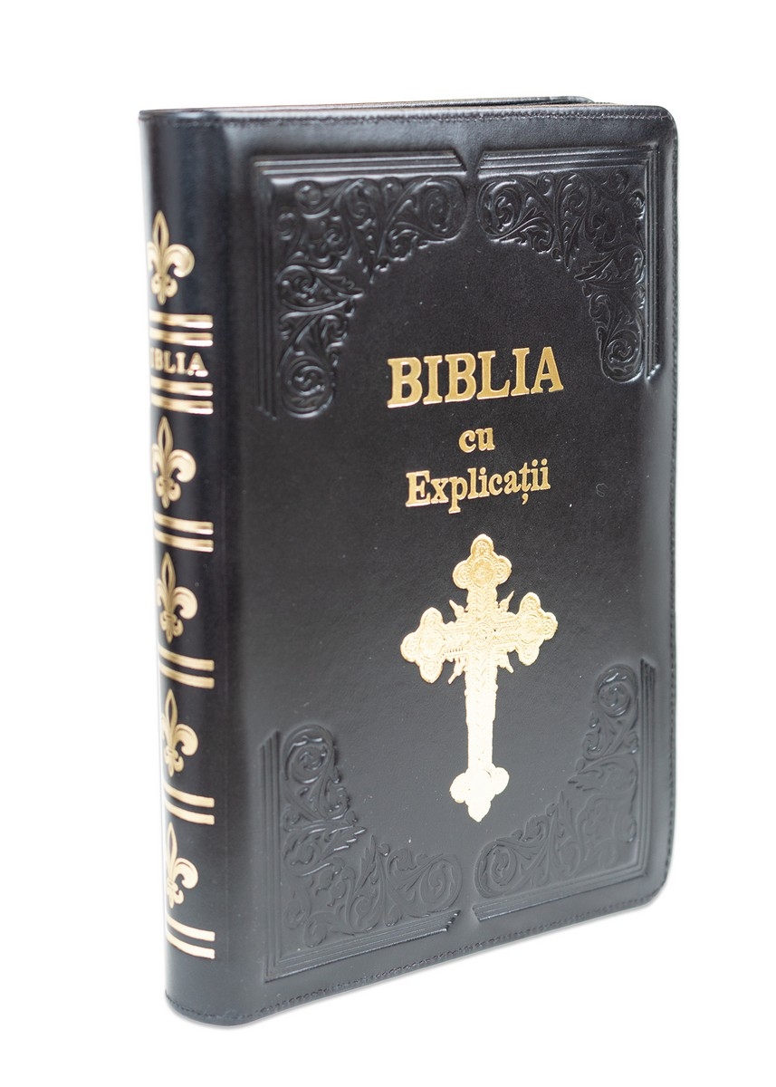 Biblia cu concordanta si explicatii, coperta piele HANDMADE, mare, culoare neagra, fermoar, index, margini aurii, simbol cruce 1, cuv. lui Isus cu rosu [CO 77 HMI]