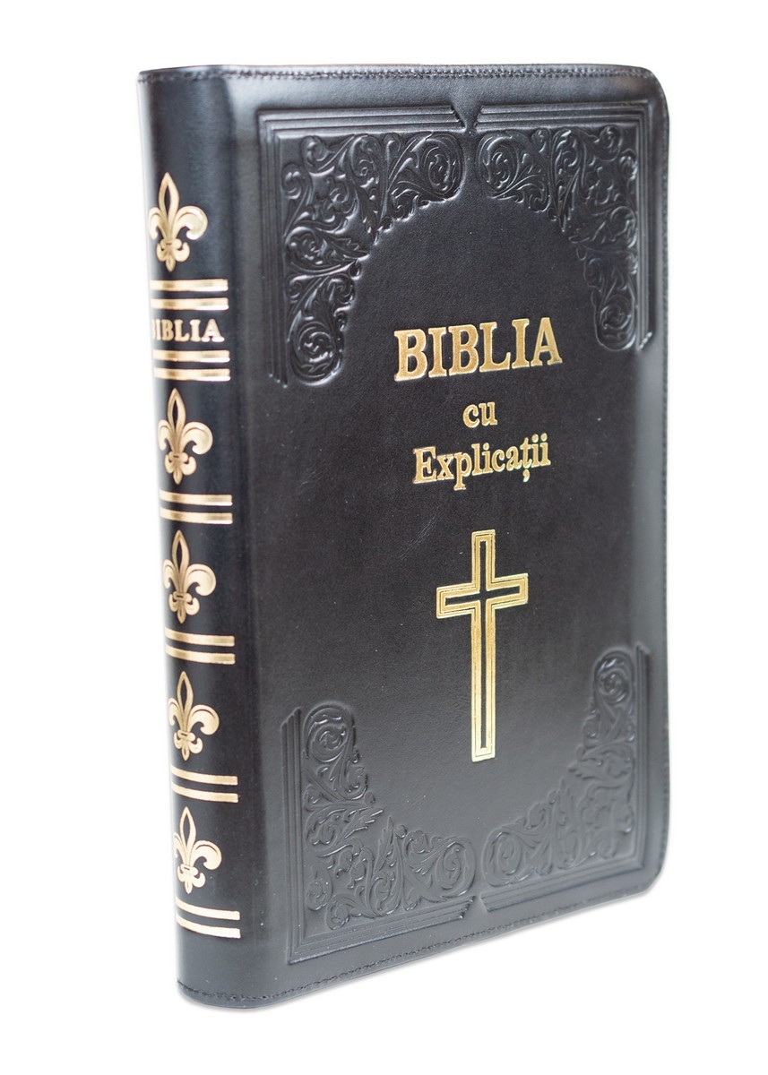 Biblia cu concordanta si explicatii, coperta piele HANDMADE, mare, culoare neagra, fermoar, index, margini aurii, simbol cruce 2, cuv. lui Isus cu rosu [CO 77 HMI]