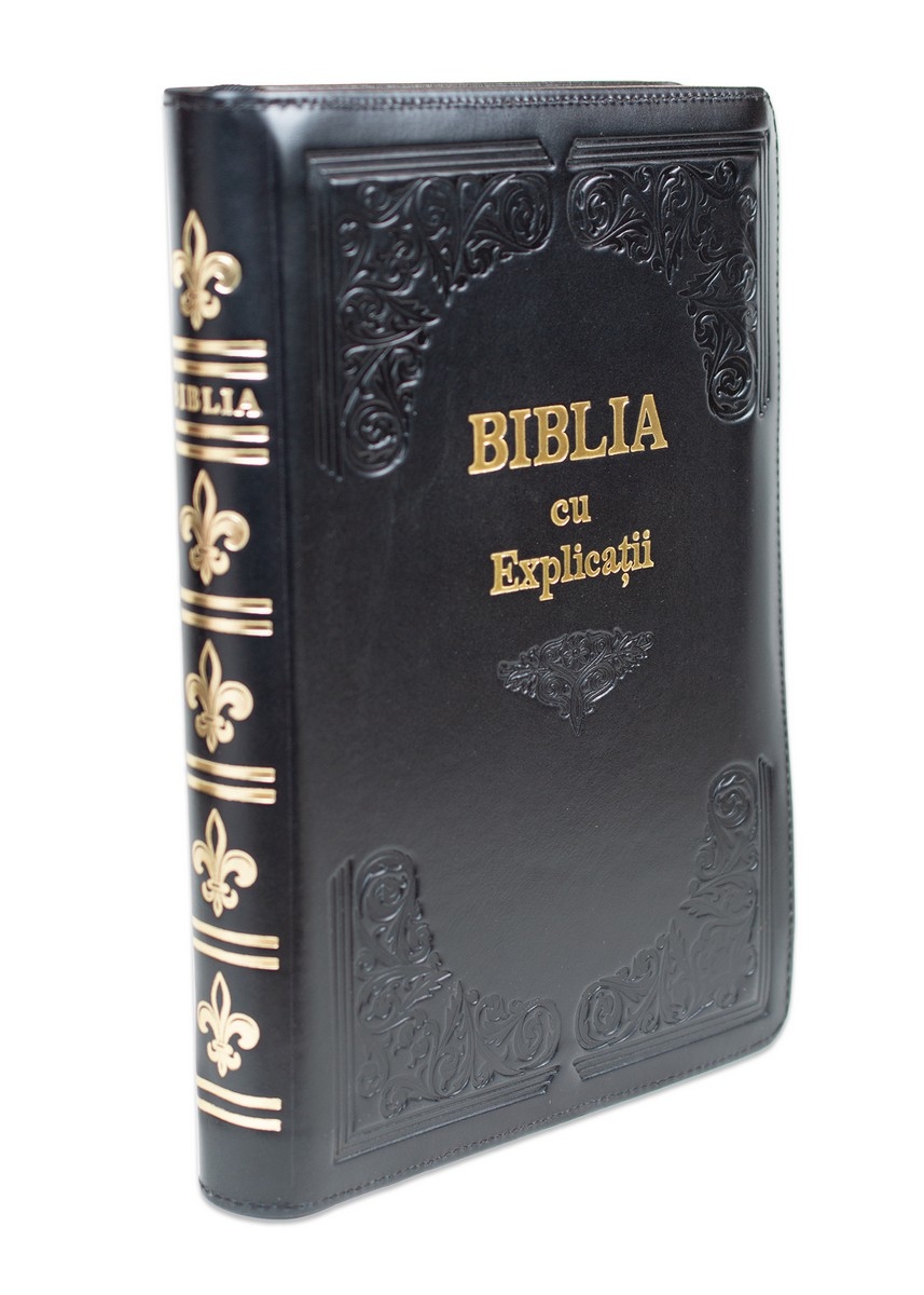Biblia cu concordanta si explicatii, coperta piele HANDMADE, mare, culoare neagra, fermoar, index, margini aurii, cuv. lui Isus cu rosu [CO 77 HMI]