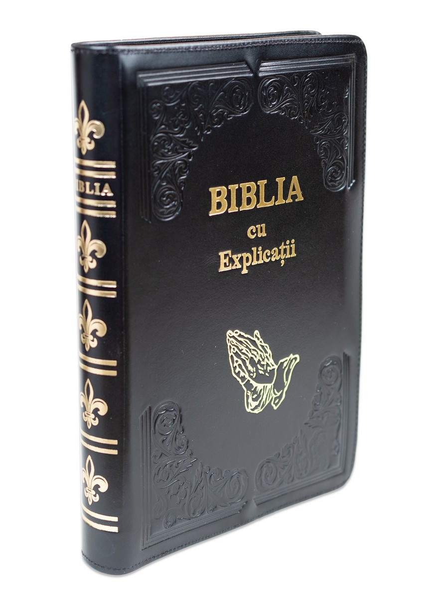 Biblia cu concordanta si explicatii, coperta piele HANDMADE, mare, culoare neagra, fermoar, index, margini aurii, maini in ruga, cuv. lui Isus cu rosu [CO 77 HMI]