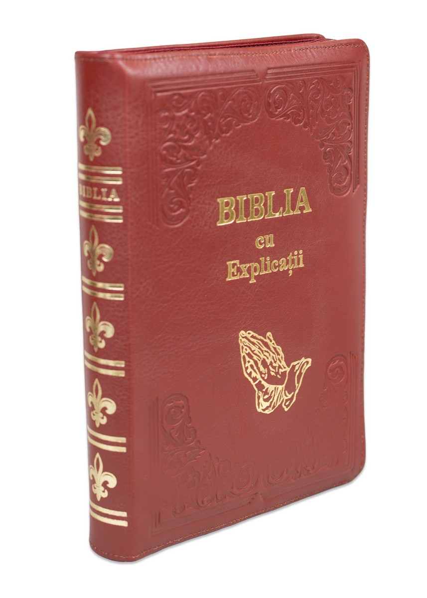 Biblia cu concordanta si explicatii, coperta piele HANDMADE, mare, rosu caramiziu, fermoar, index, margini aurii, maini in ruga, cuv. lui Isus cu rosu [CO 77 HMI]