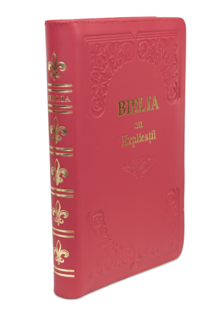 Biblia cu concordanta si explicatii, coperta piele HANDMADE, mare, culoare roz, fermoar, index, margini aurii, cuv. lui Isus cu rosu [CO 77 HMI]