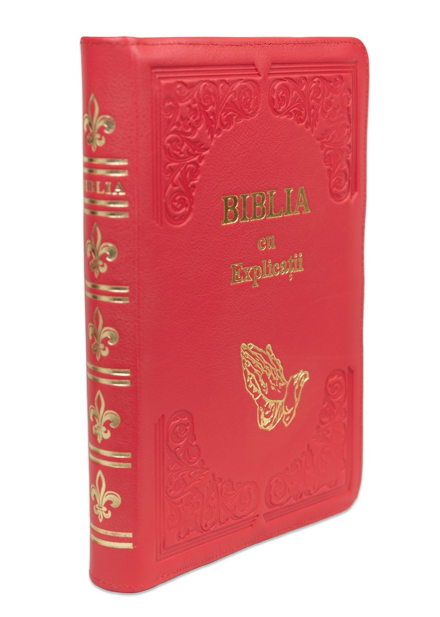 Biblia cu concordanta si explicatii, coperta piele HANDMADE, mare, roșu deschis, fermoar, index, margini aurii, maini in ruga, cuv. lui Isus cu rosu [CO 77 HMI]