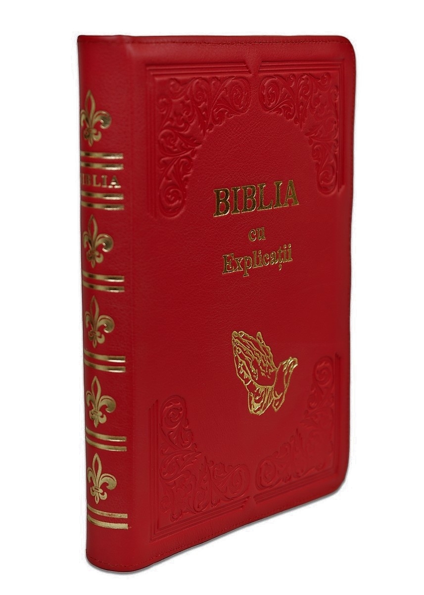 Biblia cu concordanta si explicatii, coperta piele HANDMADE, mare, culoare, roșu închis, fermoar, index, margini aurii, maini in ruga, cuv. lui Isus cu rosu [CO 77 HMI]
