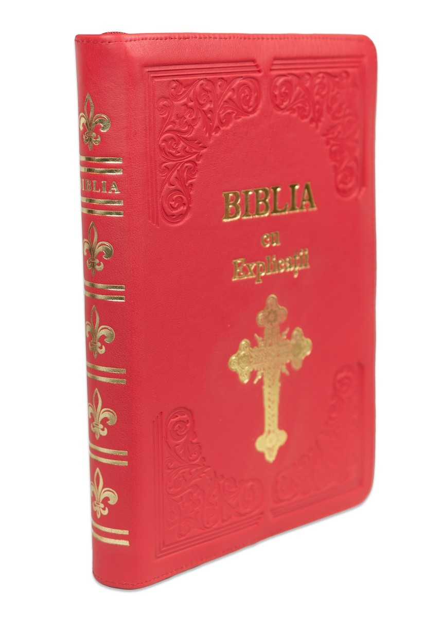 Biblia cu concordanta si explicatii, coperta piele HANDMADE, mare, culoare rosie, fermoar, index, margini aurii, simbol cruce, cuv. lui Isus cu rosu [CO 77 HMI]