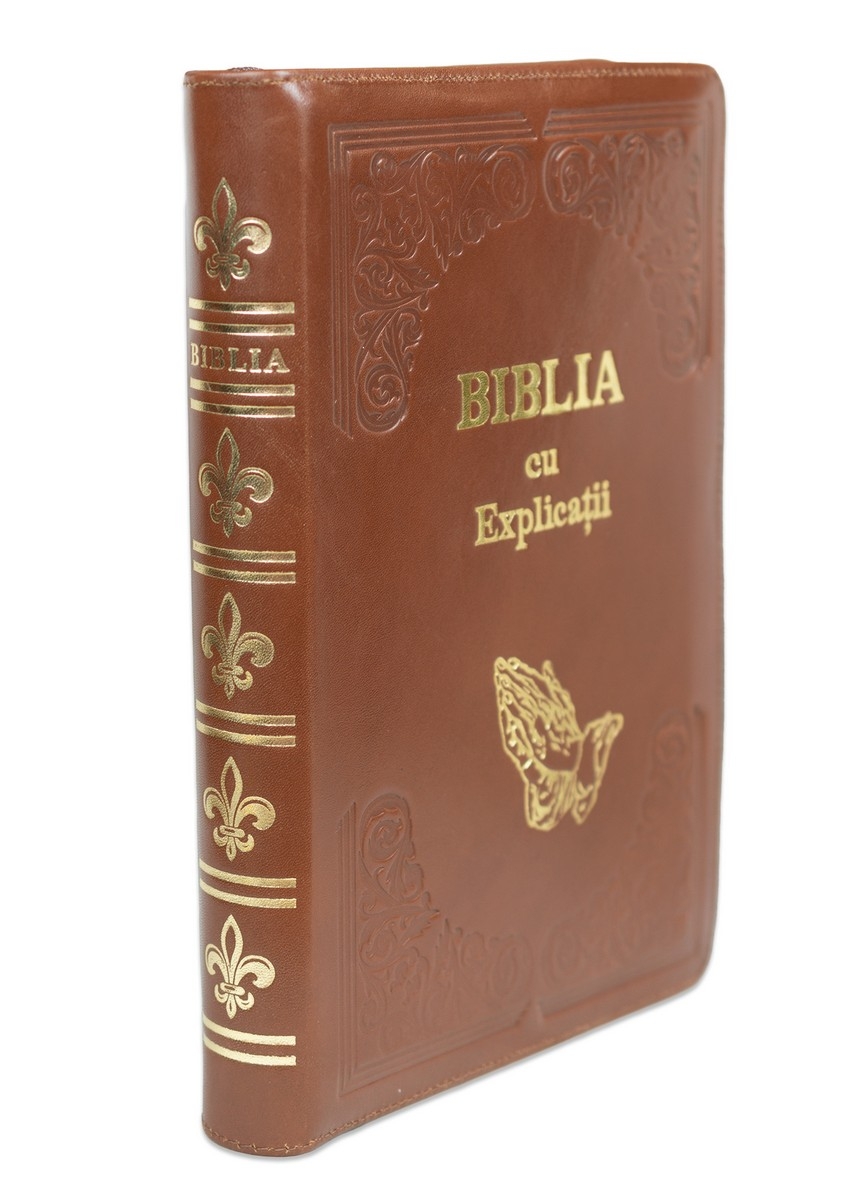 Biblia cu concordanta si explicatii, coperta piele HANDMADE, mare, culoare maro, fermoar, index, margini aurii, maini in ruga, cuv. lui Isus cu rosu [CO 77 HMI]