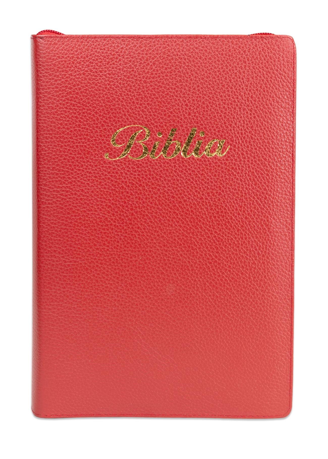 Biblie mare, piele, culoare rosie, fermoar, index, margini argintii, cuv. Isus cu rosu + inel pentru pix [MAR 073 PFI]