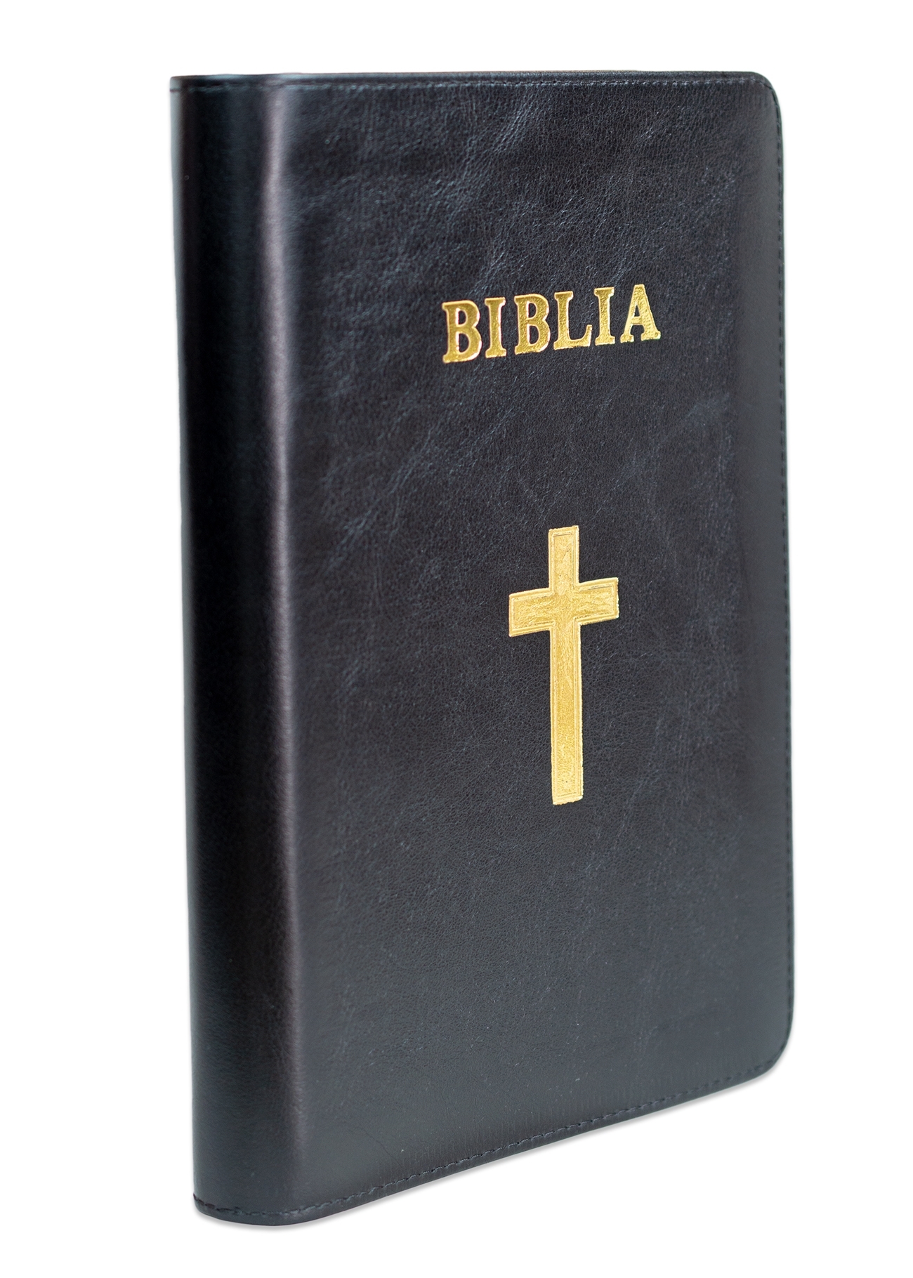 Biblia marime mare, din piele, culoare neagra, cuv. lui Isus cu rosu, margini albe, fermoar, simbol cruce[073 PF]