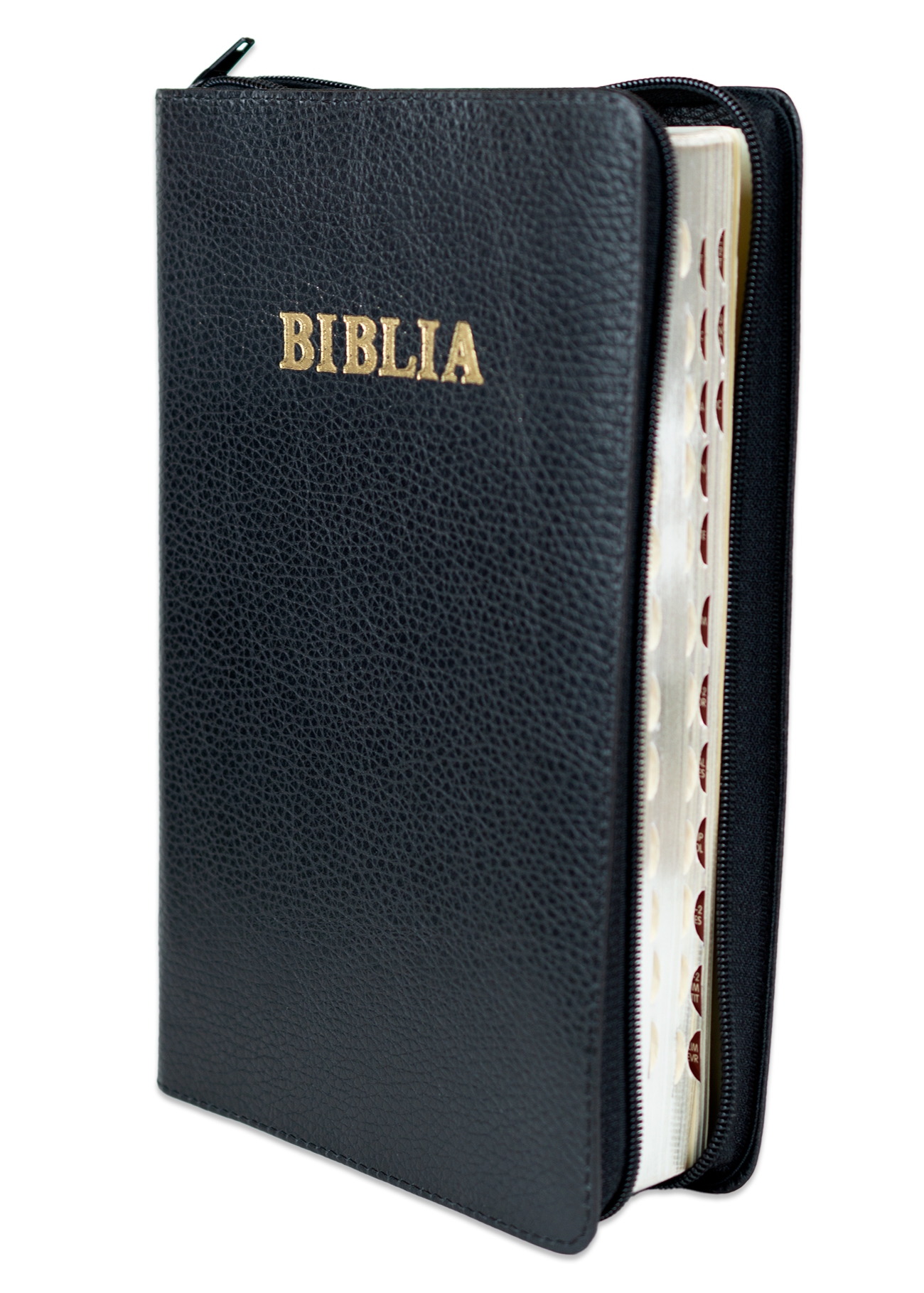 Biblie mare, piele, culoare negru texturat, fermoar, index, margini argintii, cuv. Isus cu rosu [SI 073 PFI]