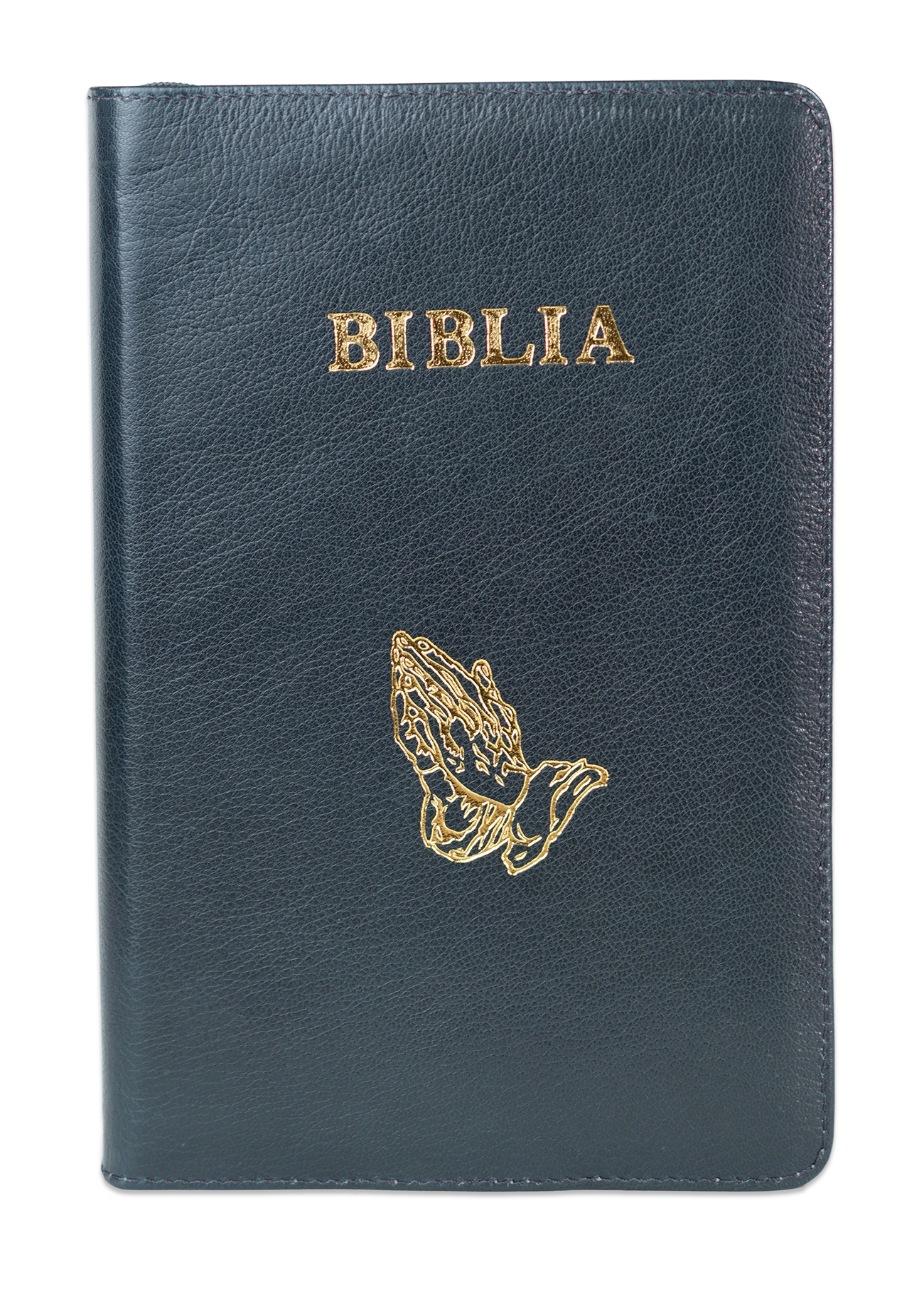 Biblie mare, piele, culoare gri închis texturat, fermoar, index, margini aurii, simbol mâini, cuv. Isus cu rosu [SI 073 PFI]