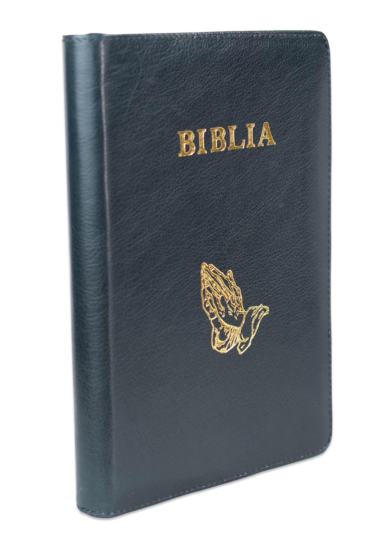 Biblie mare, piele, culoare gri închis texturat, fermoar, index, margini argintii, simbol mâini în rugăciune, cuv. Isus cu rosu [SI 073 PFI]