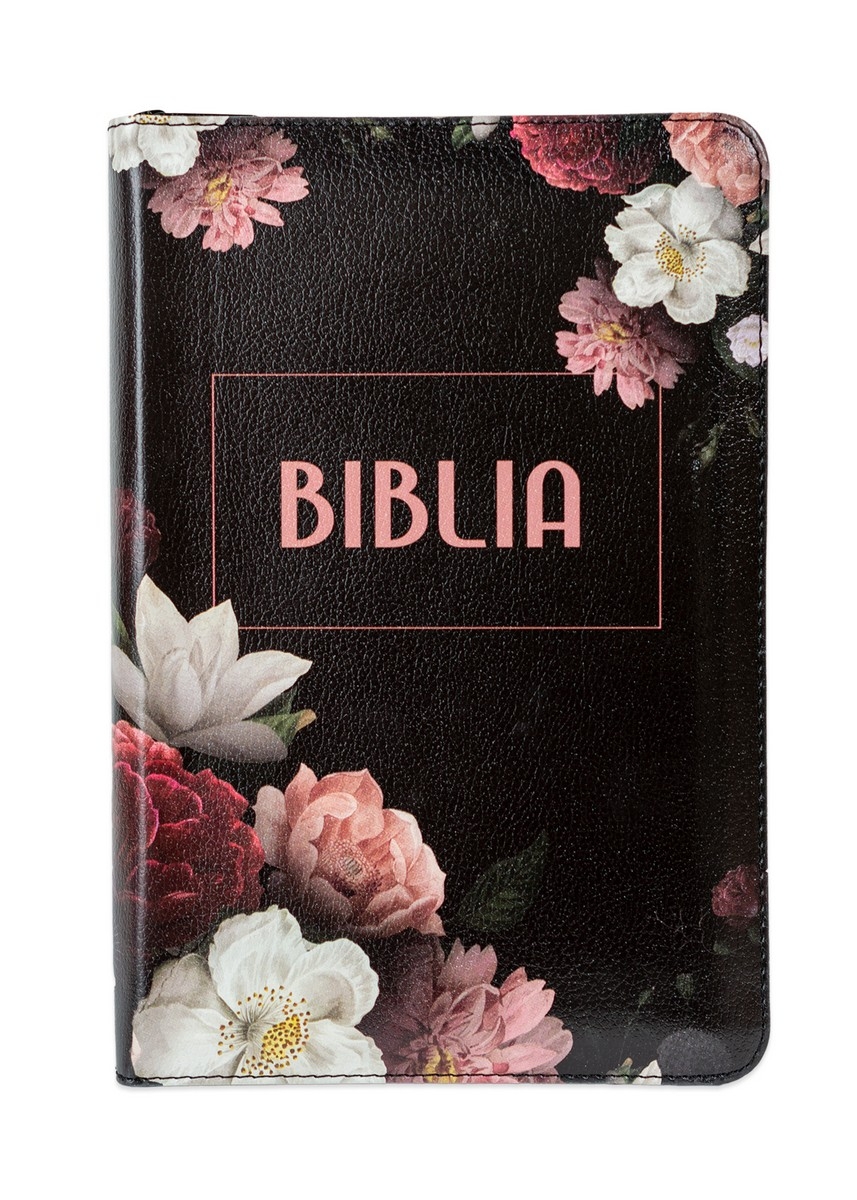 [ANTICARIAT] Biblie marime medie, piele ecologică, model floral negru, fermoar, index, margini aurii, cuv. lui Isus cu rosu [057 F]   (Produs cu defect)