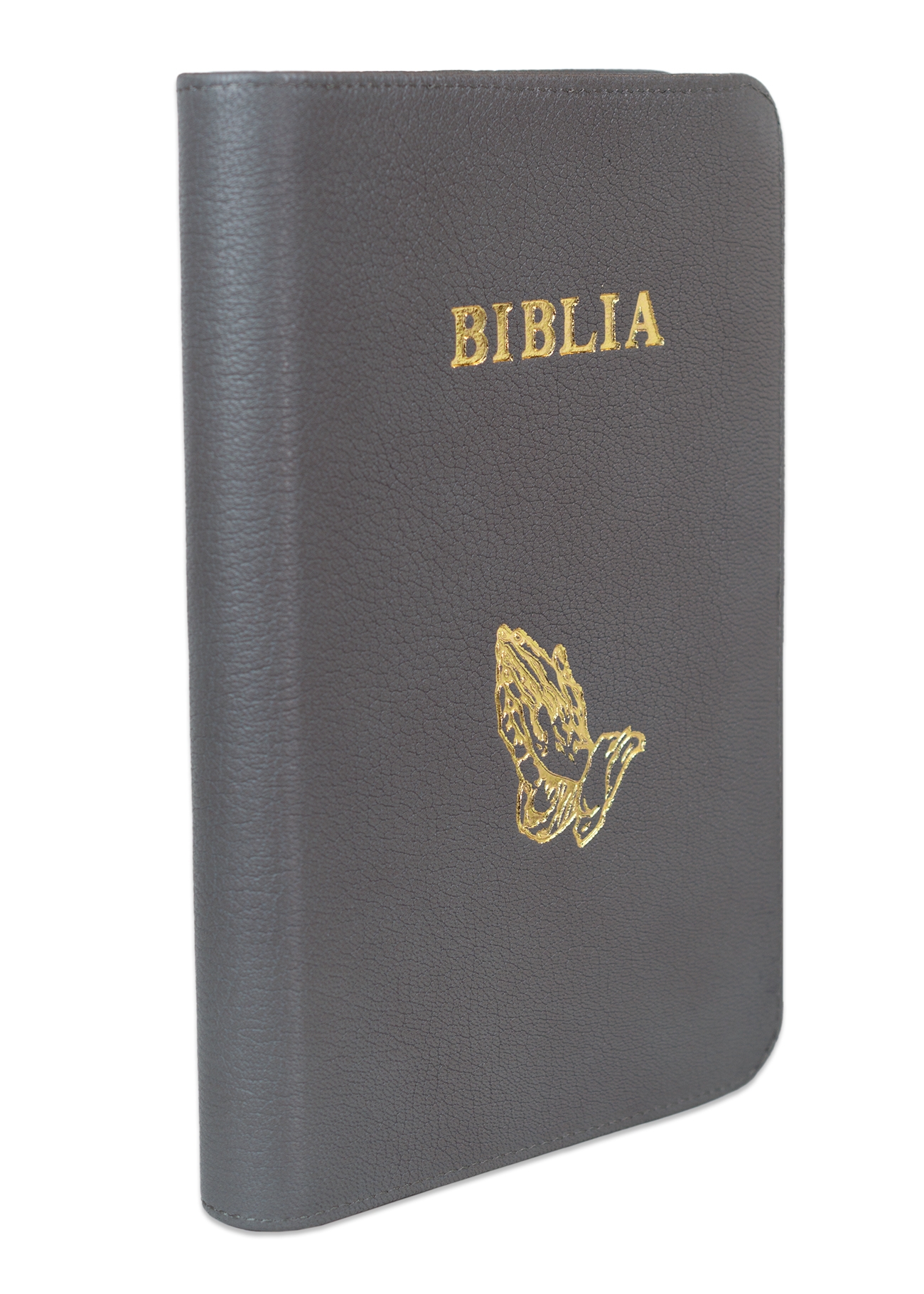 Biblie mare, piele, culoare gri deschis texturat, fermoar, index, margini argintii, simbol mâini în rugăciune, cuv. Isus cu rosu [SI 073 PFI]
