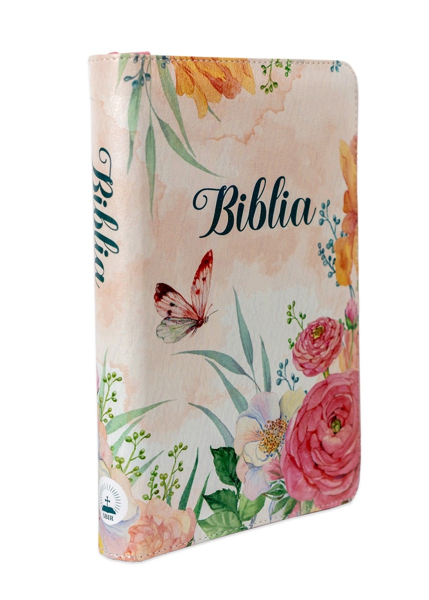 Biblie marime medie, piele ecologică, model floral roz, fermoar, index, margini aurii, cuv. lui Isus cu rosu [057 F]