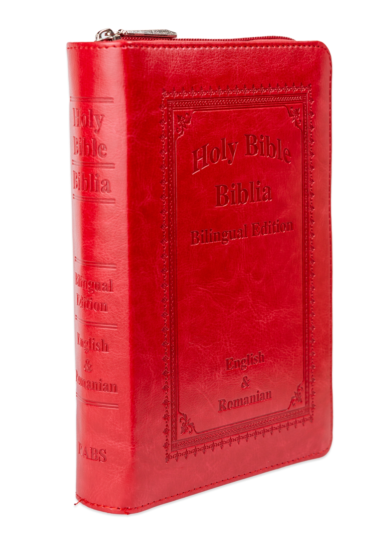 Biblia bilingva engleză-română, marime medie, piele ecologica, rosie, fermoar, index, margini aurii, cuv. lui Isus cu rosu Biblia bilingva engleză-română, marime medie, piele ecologica, rosie, fermoar, index, margini aurii, cuv. lui Isus cu rosu