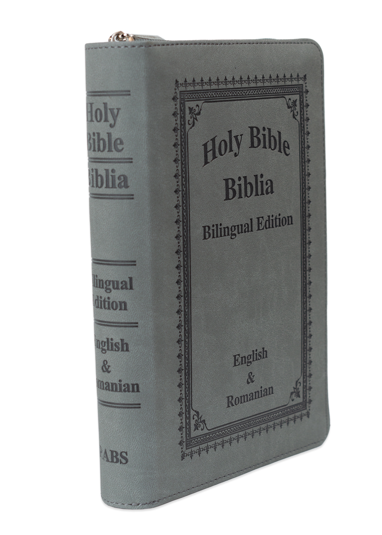 Biblia bilingva engleză-română, marime medie, piele ecologica, gri, fermoar, index, margini aurii, cuv. lui Isus cu rosu Biblia bilingva engleză-română, marime medie, piele ecologica, gri, fermoar, index, margini aurii, cuv. lui Isus cu rosu