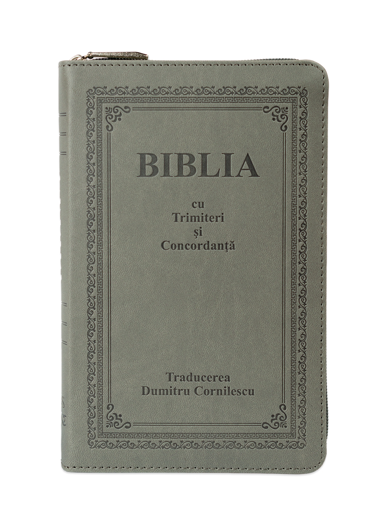 Biblie medie cu concordanta, piele ecologică, gri, fermoar, index, margini aurii, cuv. lui Isus cu rosu [057]