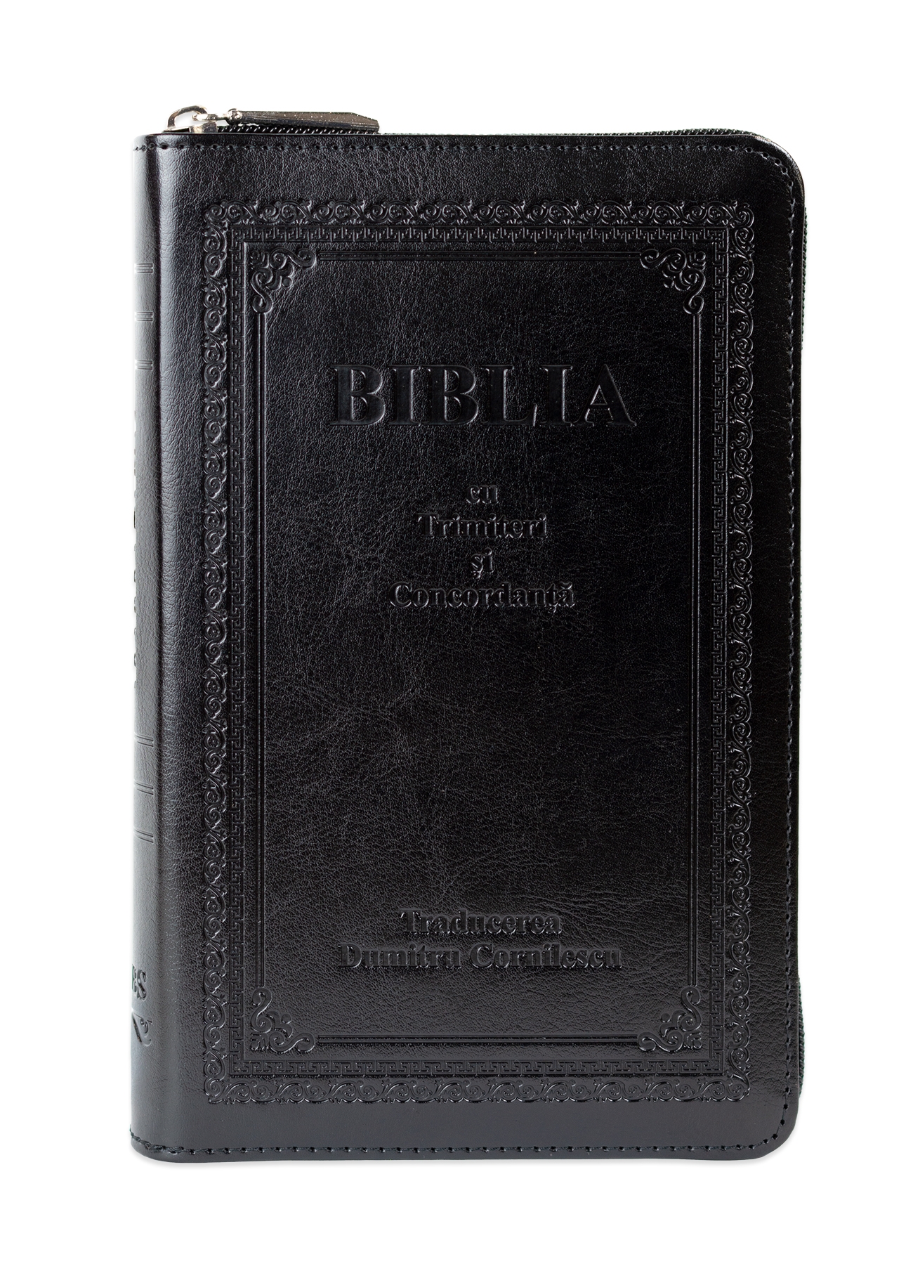 Biblie medie cu concordanta, piele ecologică, neagra, fermoar, index, margini aurii, cuv. lui Isus cu rosu [057]