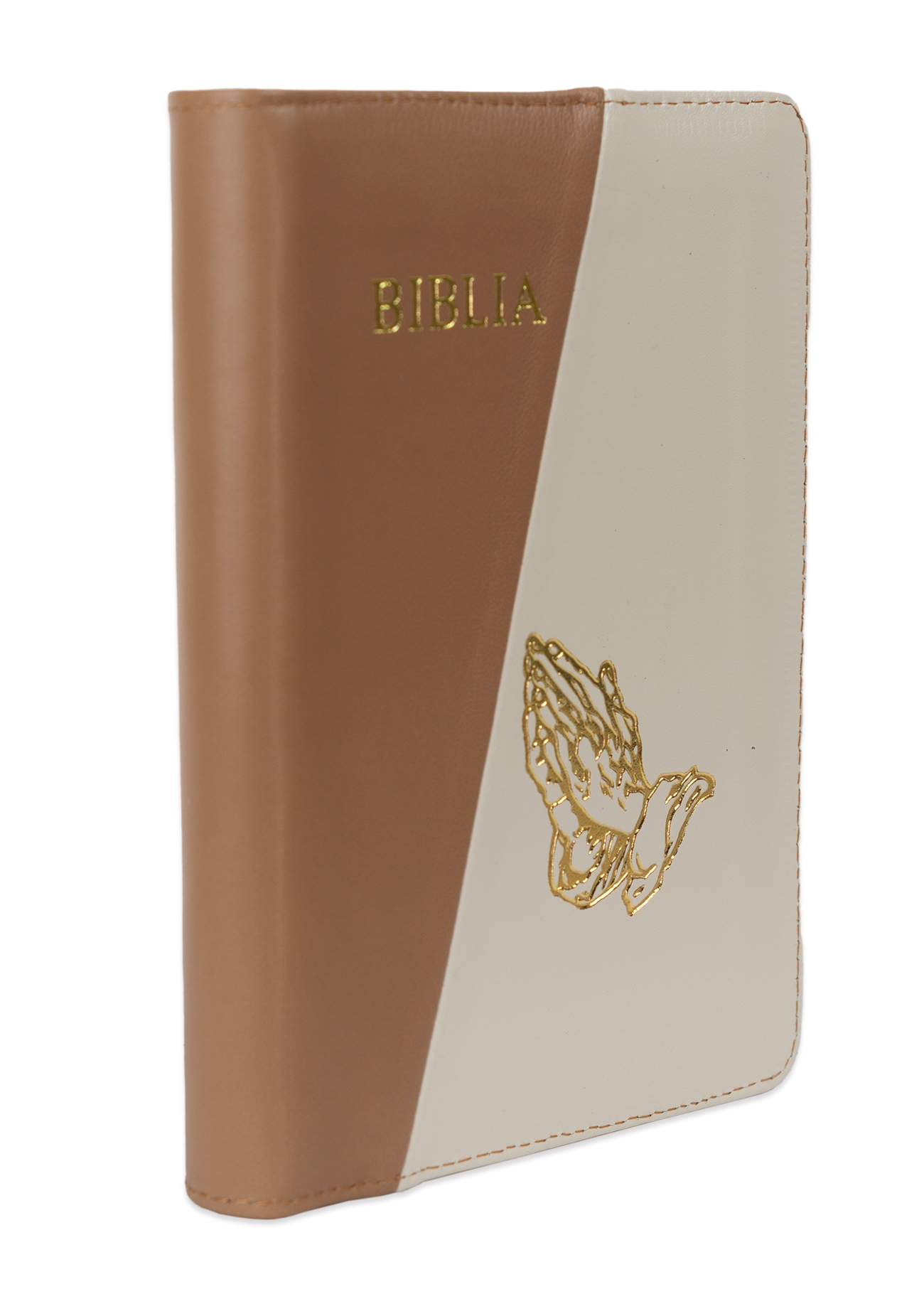 Biblie din piele, marime medie, culoare, maro cu crem, fermoar, margini albe, simbol maini in rugaciune,  cuv. lui Isus cu rosu [053]