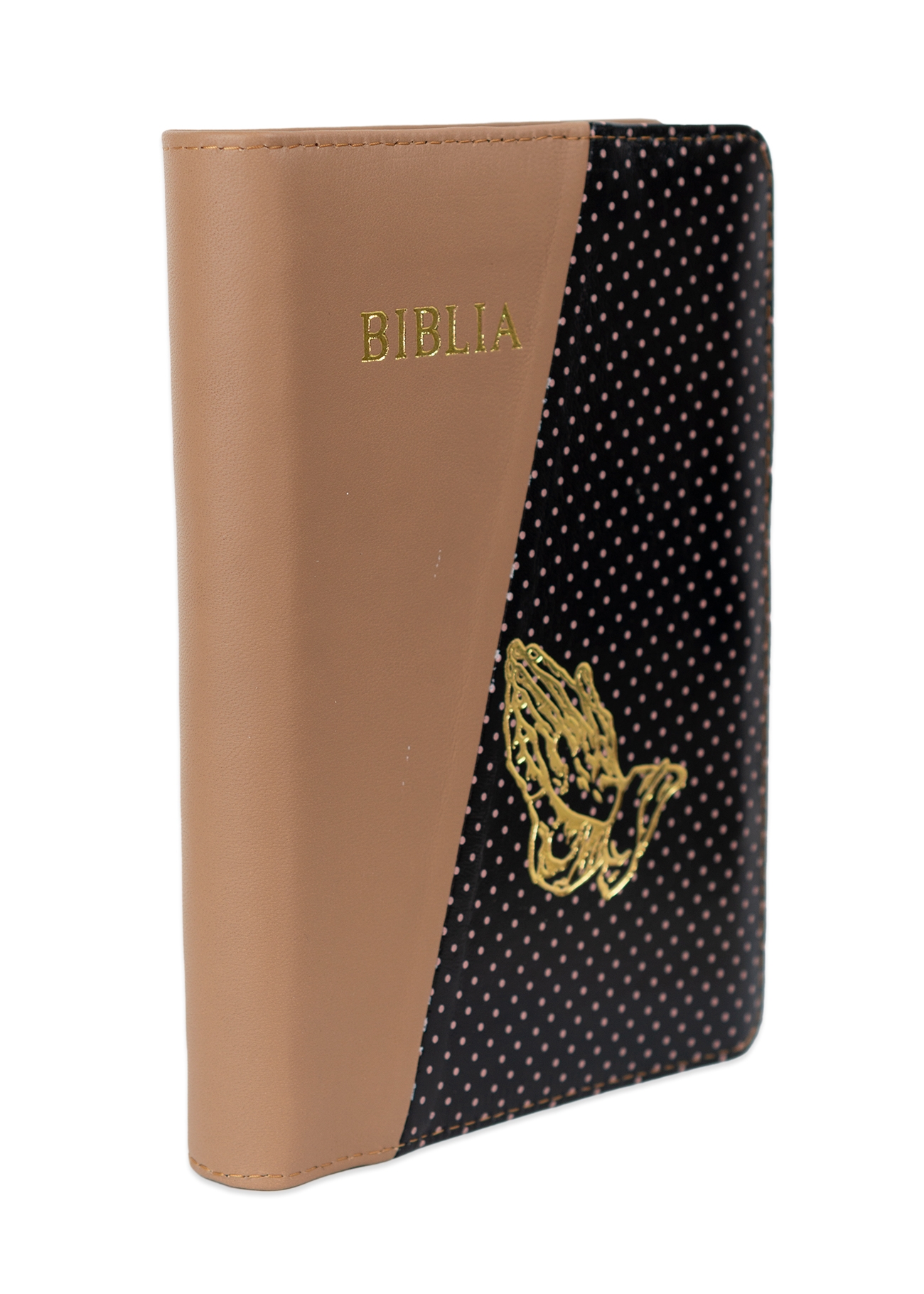 Biblie din piele, marime medie, culoare, maro cu negru și  puncte roz, fermoar, margini albe, simbol maini in rugaciune,  cuv. lui Isus cu rosu [053]