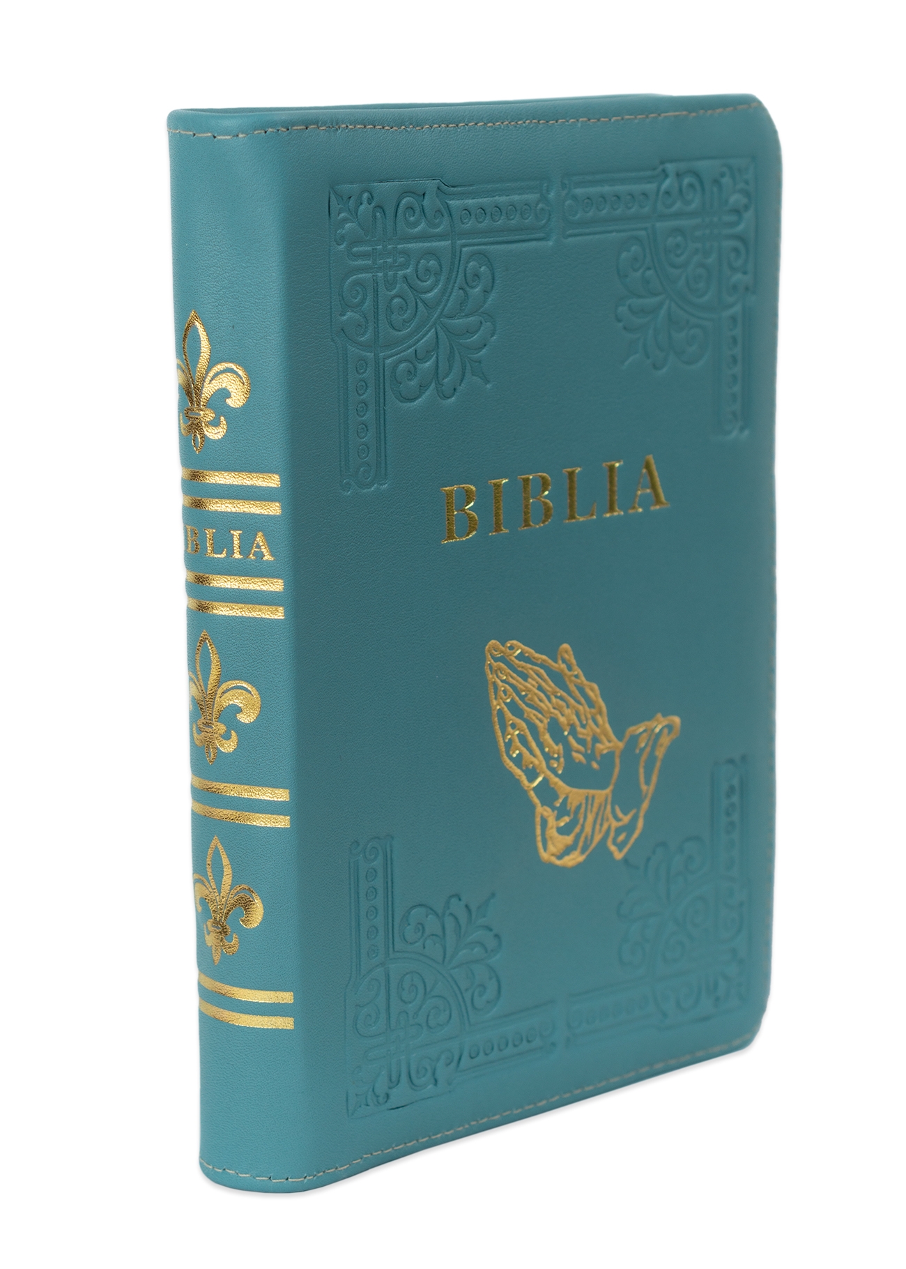 Biblia din piele, handmade, marime medie, culoare turcoaz, fermoar, simbol maini in rugaciune, margini aurii cu index, cuv. lui Isus cu rosu [057 HM]