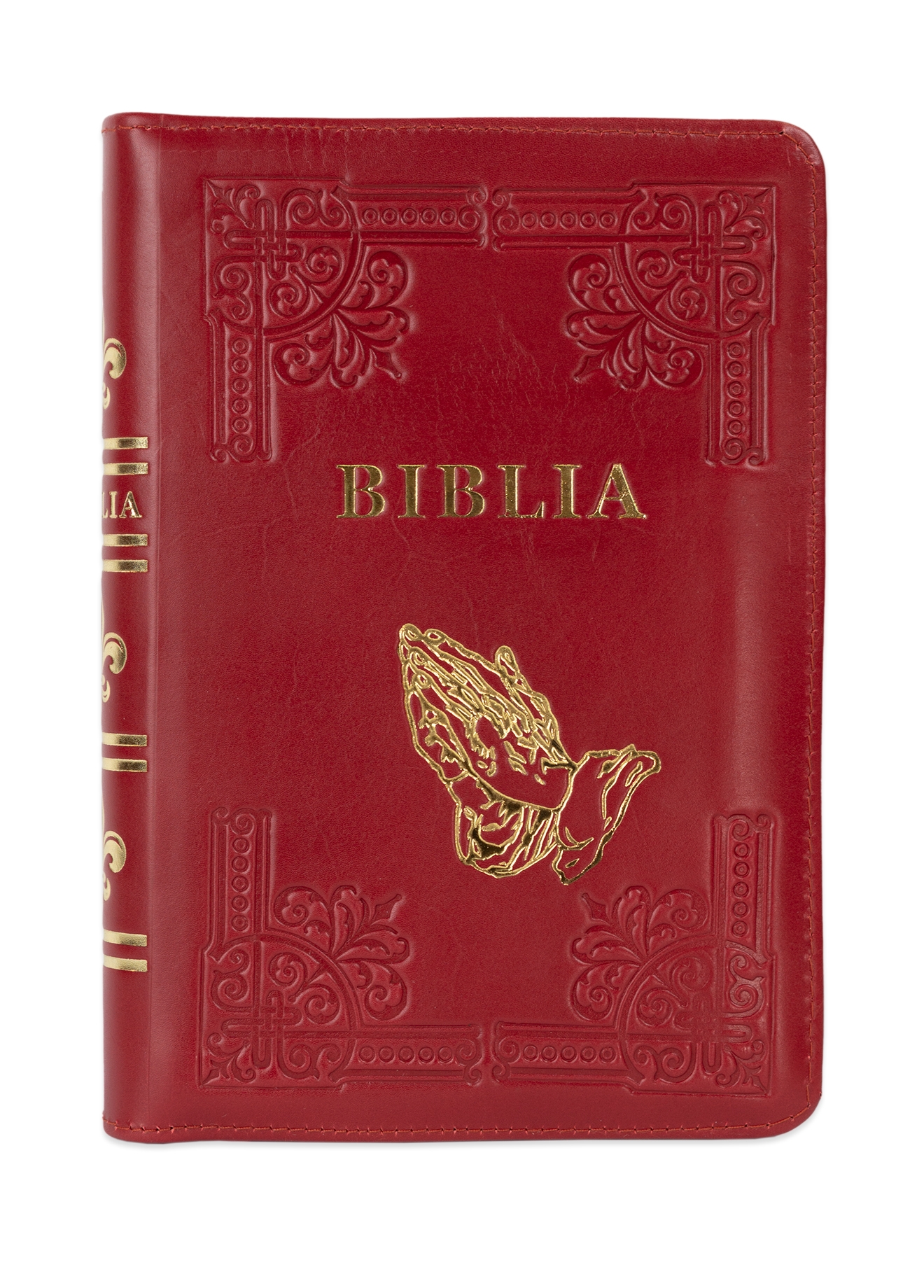 Biblia din piele, handmade, marime medie, culoare vișiniu, fermoar, simbol maini in rugaciune, margini aurii cu index, cuv. lui Isus cu rosu [057 HM]