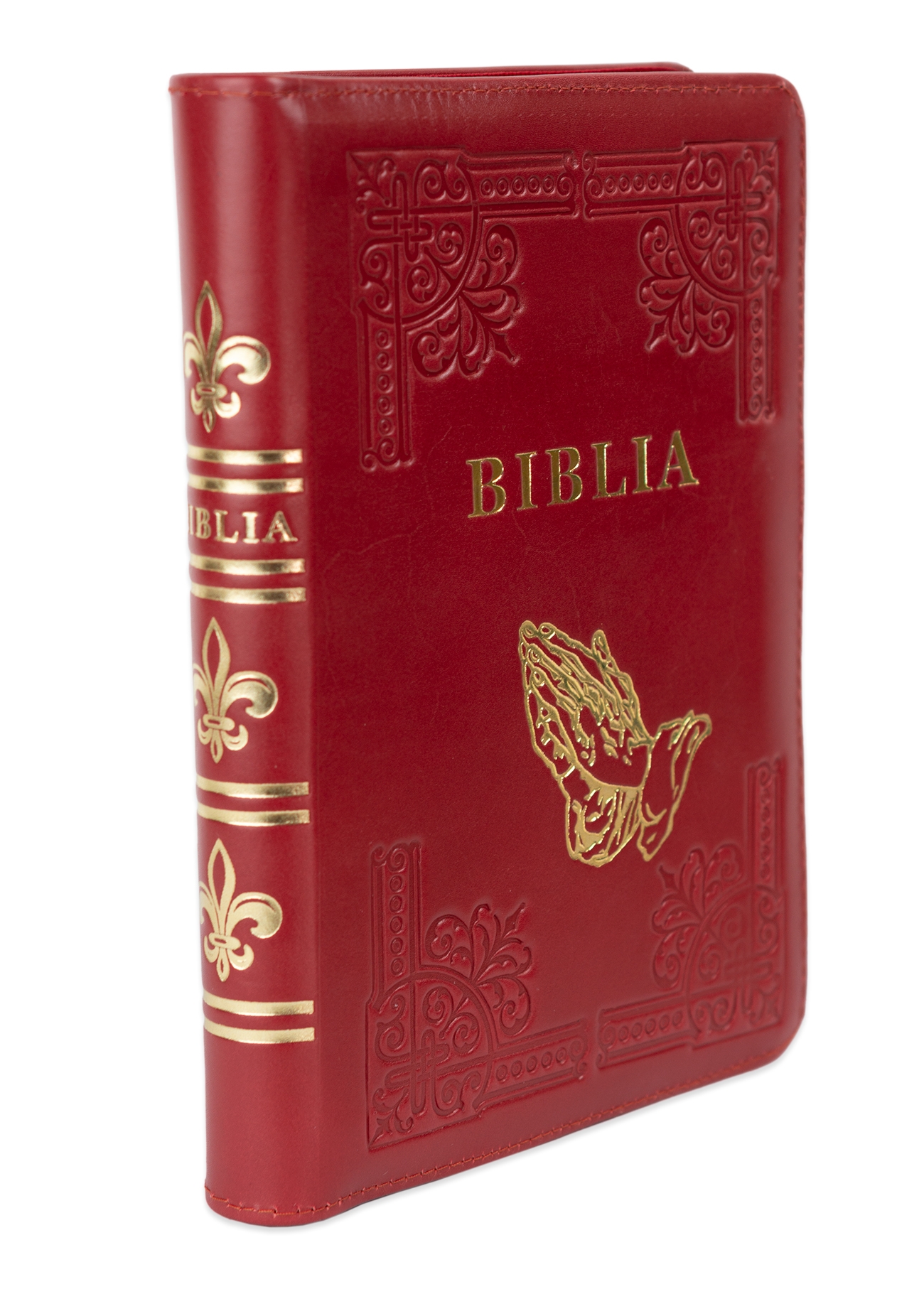Biblia din piele, handmade, marime medie, culoare rosu închis , fermoar, simbol maini in rugaciune, margini aurii cu index, cuv. lui Isus cu rosu [057 HM]
