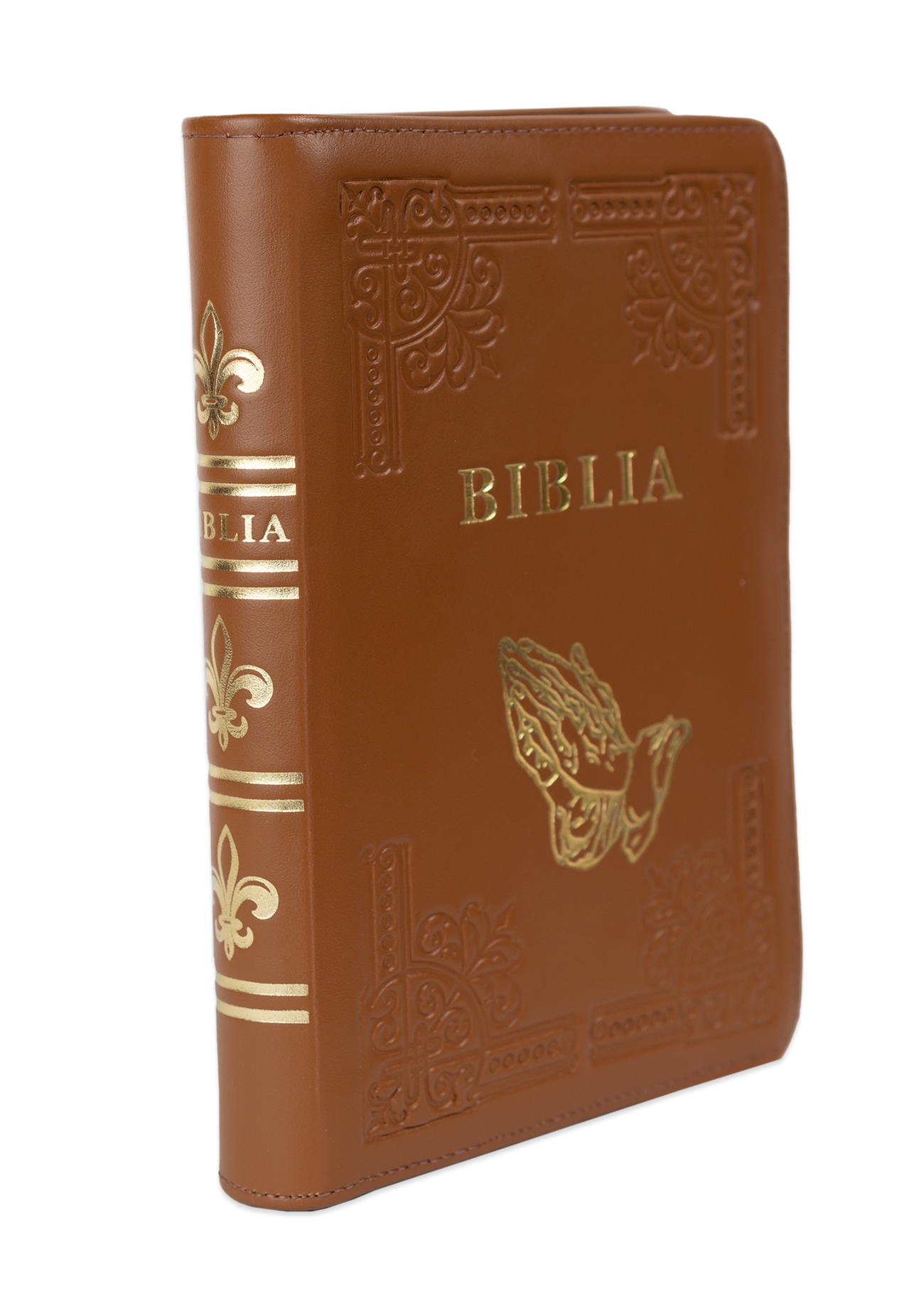 Biblia din piele, handmade, marime medie, culoare maro, fermoar, simbol maini in rugaciune, margini aurii cu index, cuv. lui Isus cu rosu [057 HM]