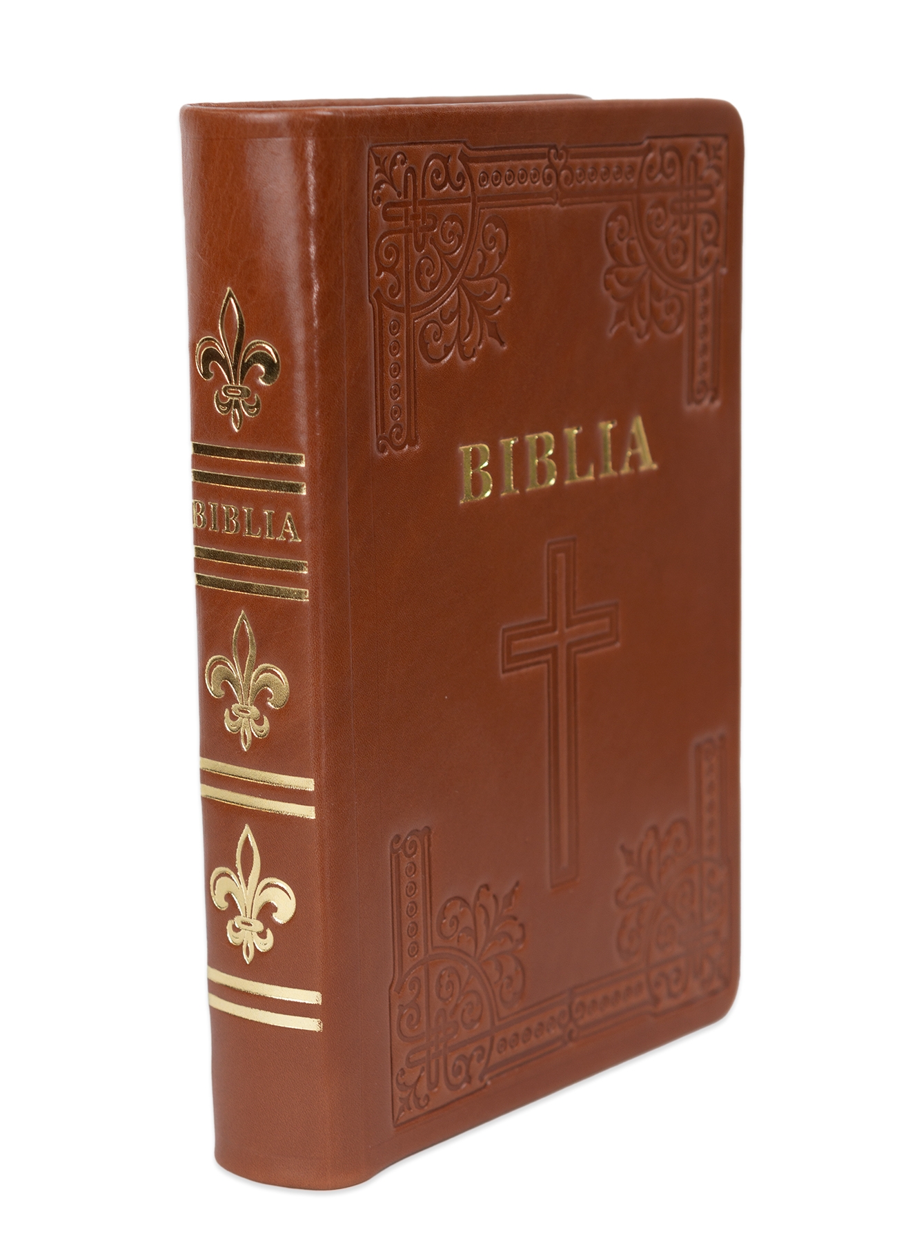 Biblia din piele, handmade, marime medie, culoare maro, simbol cruce, margini aurii cu index, cuv. lui Isus cu rosu [057 HM]