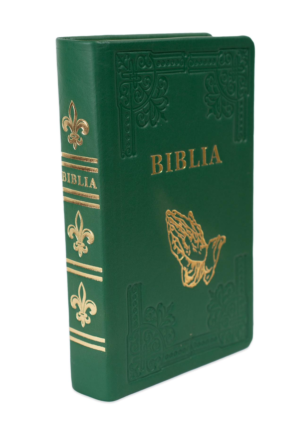 Biblia din piele, handmade, marime medie, culoare verde, simbol maini in rugaciune, margini aurii cu index, cuv. lui Isus cu rosu [057 HM]