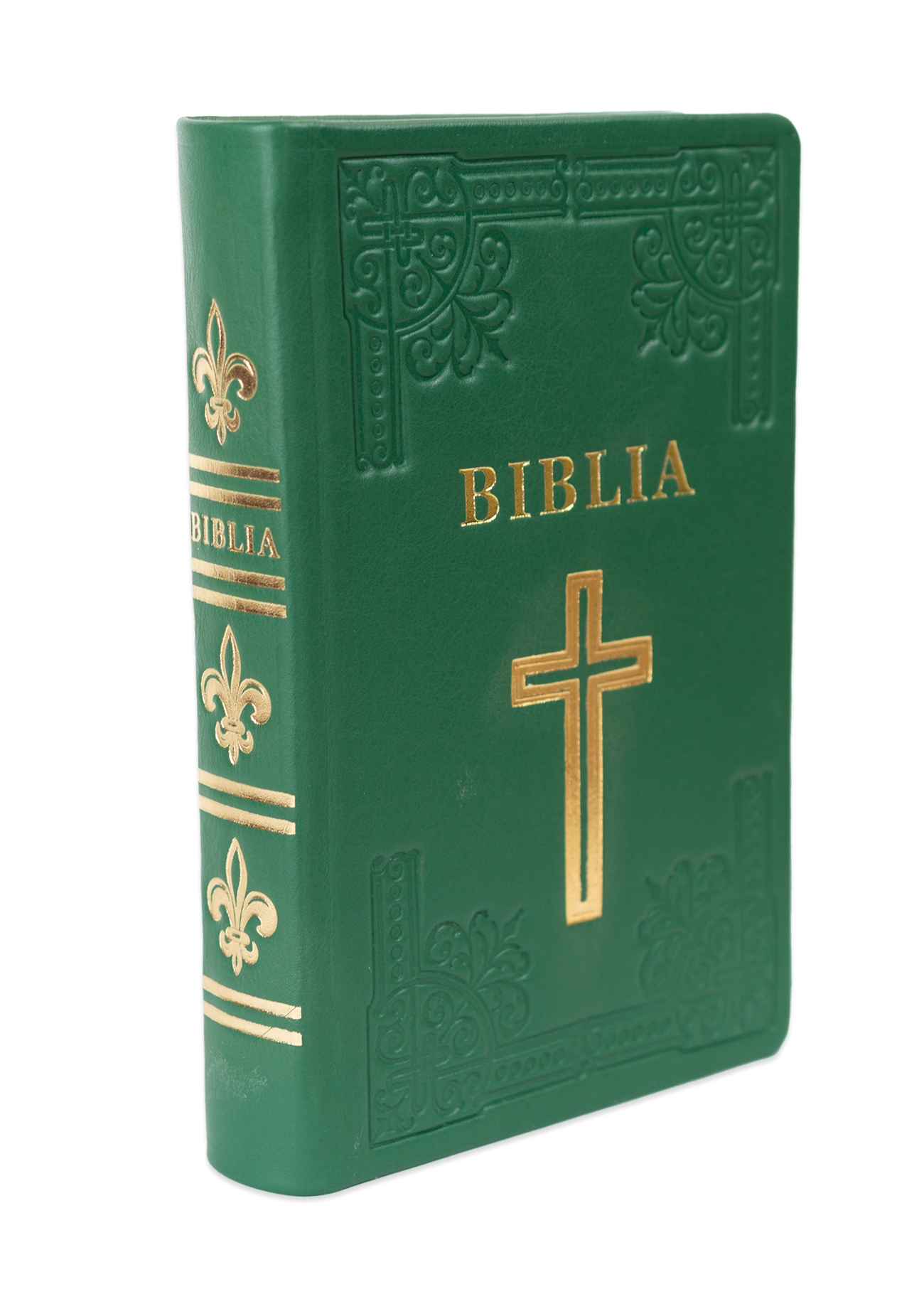 Biblia din piele, handmade, marime medie, culoare verde, simbol cruce, margini aurii cu index, cuv. lui Isus cu rosu [057 HM]