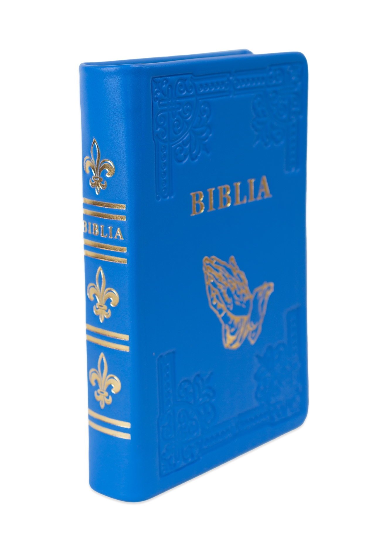 Biblia din piele, handmade, marime medie, culoare albastra, simbol maini in rugaciune, margini aurii cu index, cuv. lui Isus cu rosu [057 HM]