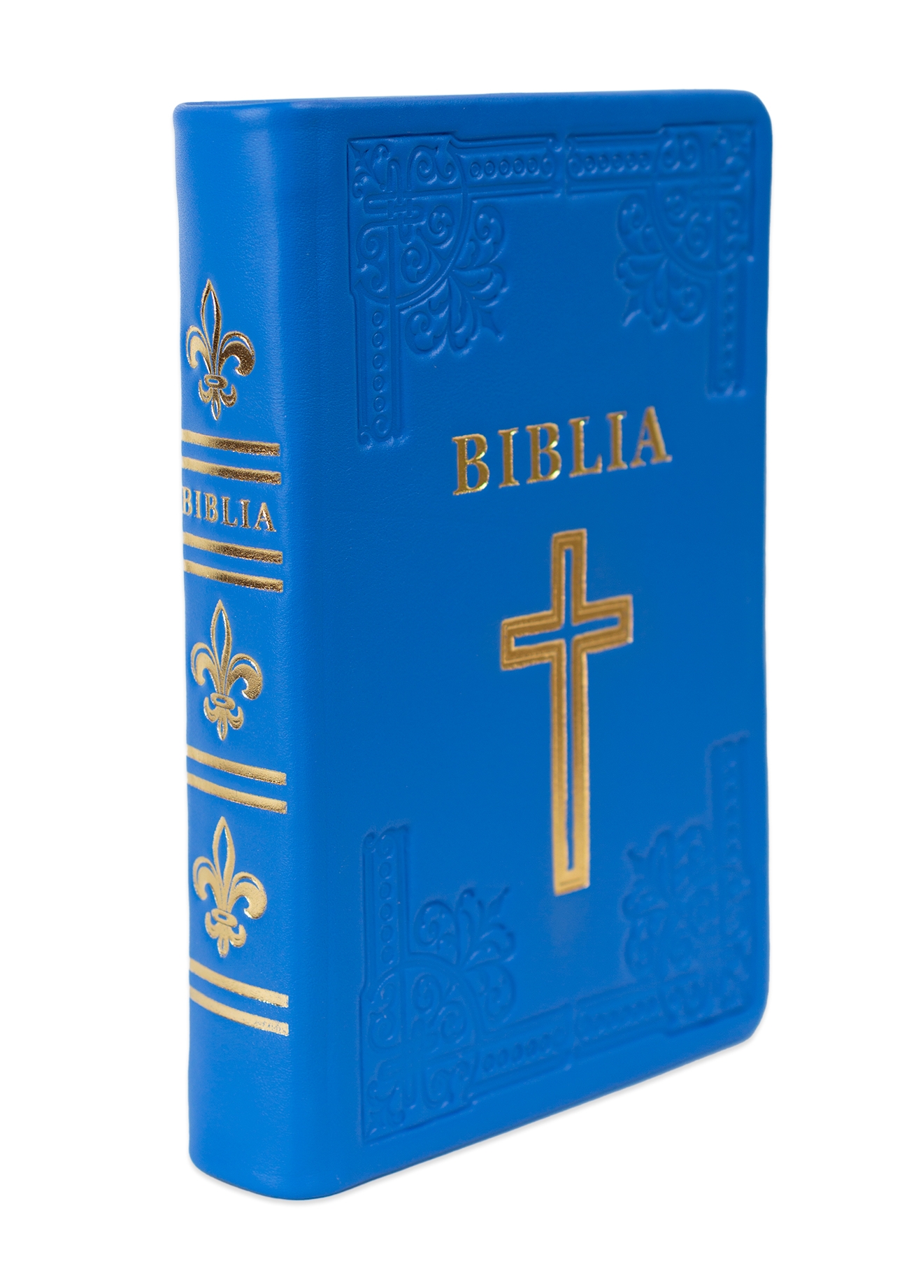 Biblia din piele, handmade, marime medie, culoare albastra, simbol cruce, margini aurii cu index, cuv. lui Isus cu rosu [057 HM]