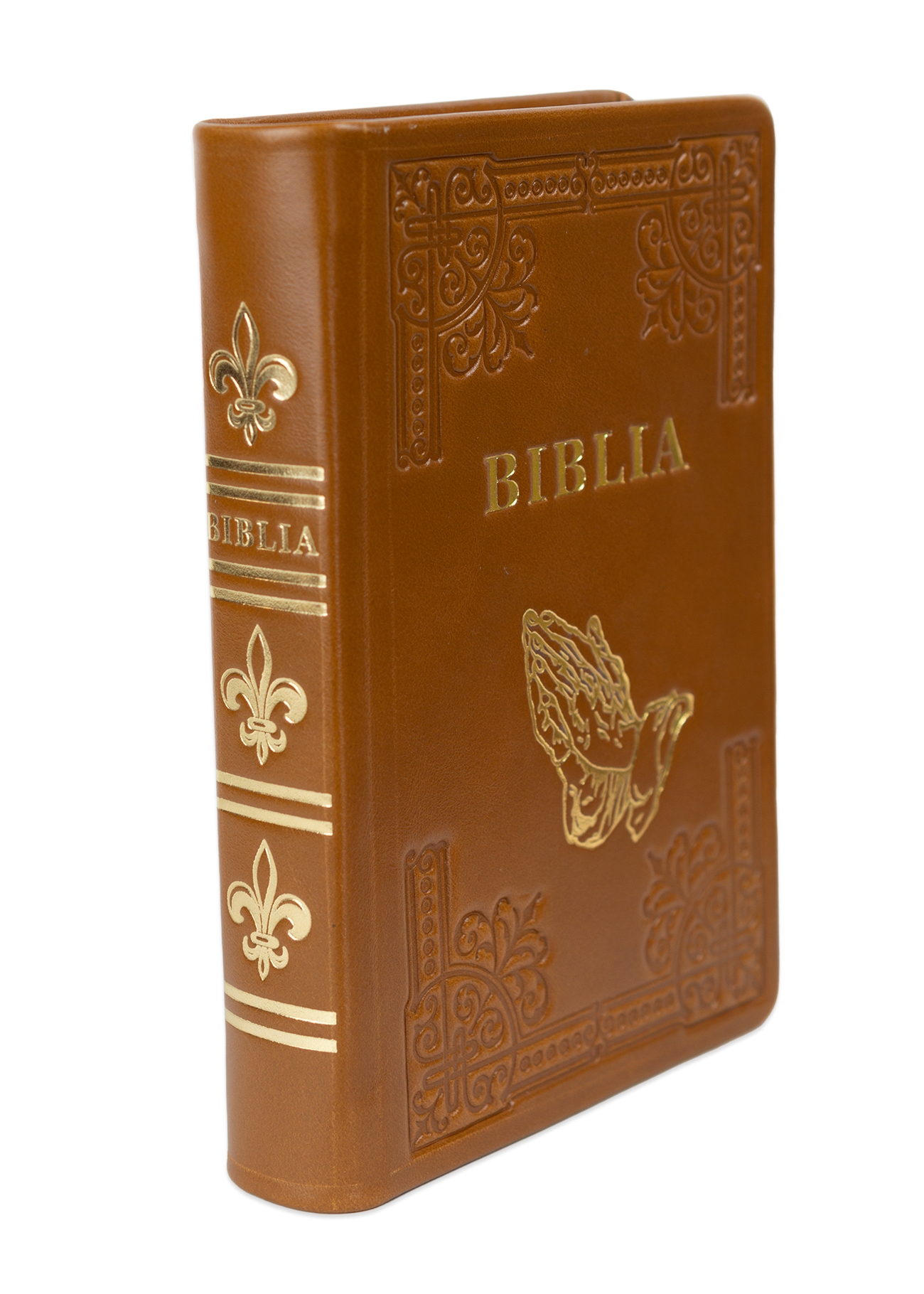 Biblia din piele, handmade, marime medie, culoare maro, simbol maini in rugaciune, margini aurii cu index, cuv. lui Isus cu rosu [057 HM]