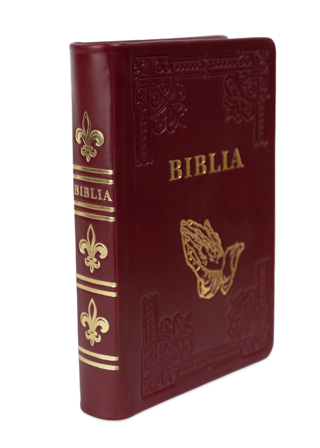 Biblia din piele, handmade, marime medie, culoare bordo, simbol maini in rugaciune, margini aurii cu index, cuv. lui Isus cu rosu [057 HM]