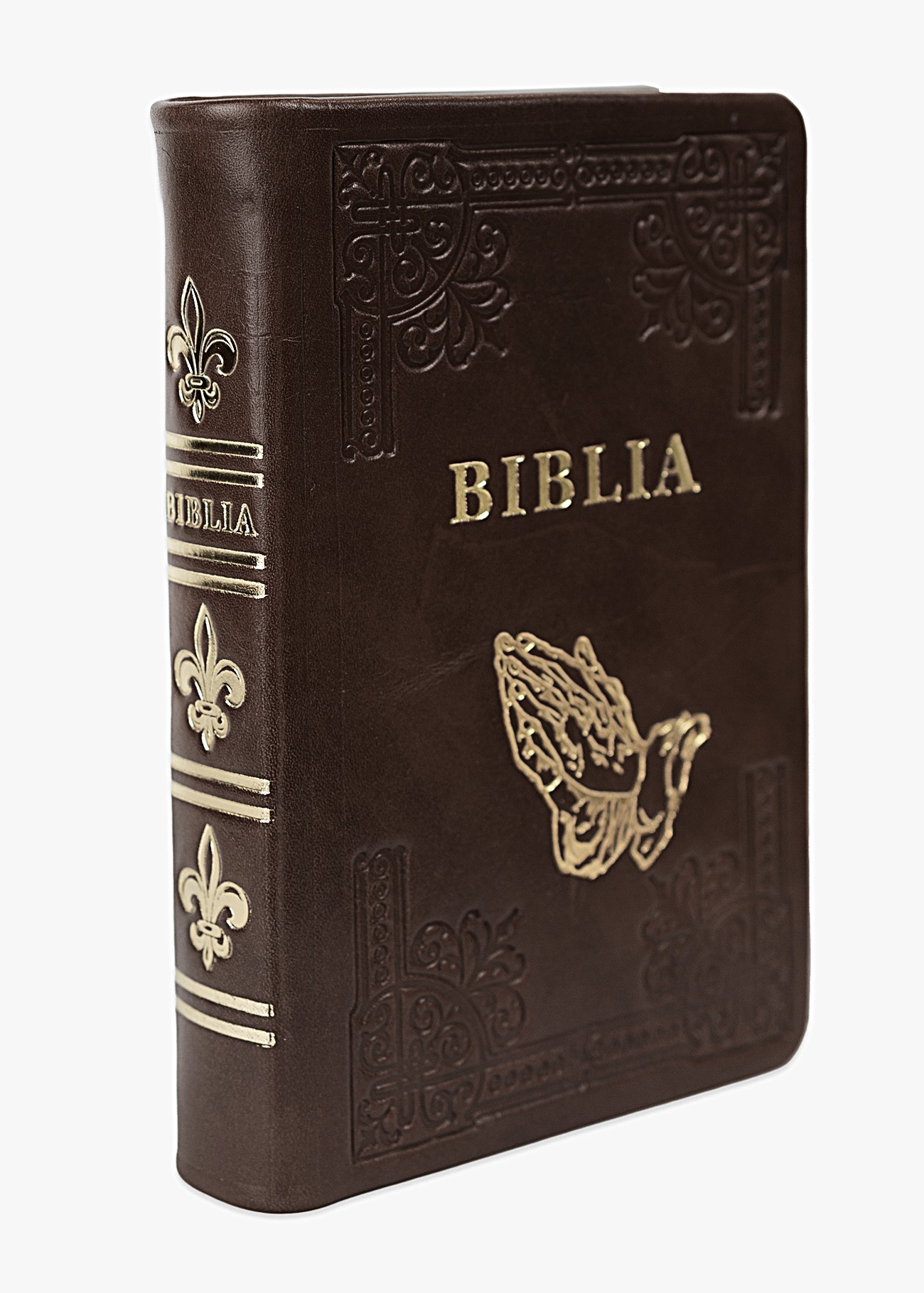 Biblia din piele, handmade, marime medie, culoare maro inchis, simbol maini in rugaciune, margini aurii cu index, cuv. lui Isus cu rosu [057 HM]