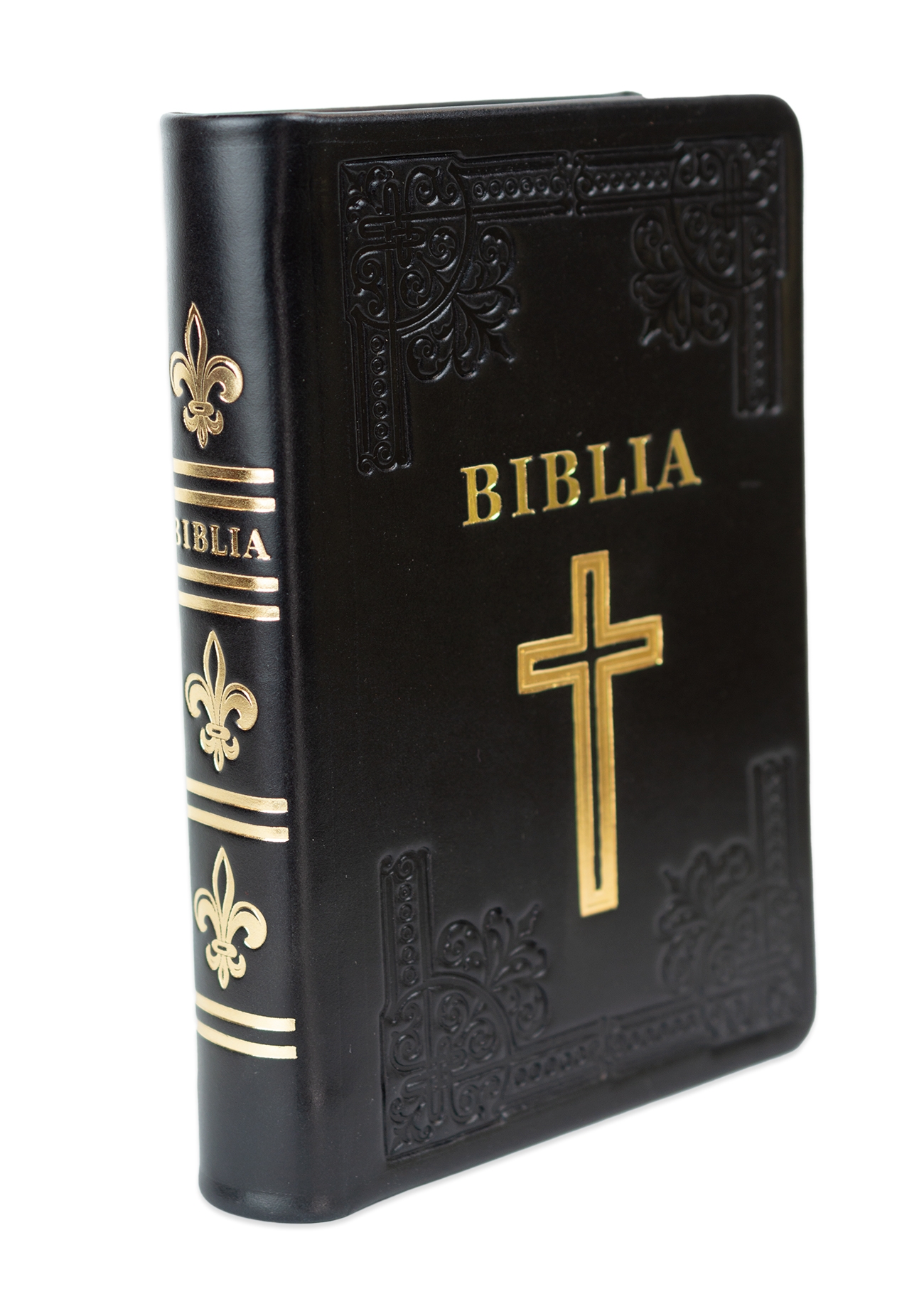 Biblia din piele, handmade, marime medie, culoare neagra, simbol cruce, margini aurii cu index, cuv. lui Isus cu rosu [057 HM]