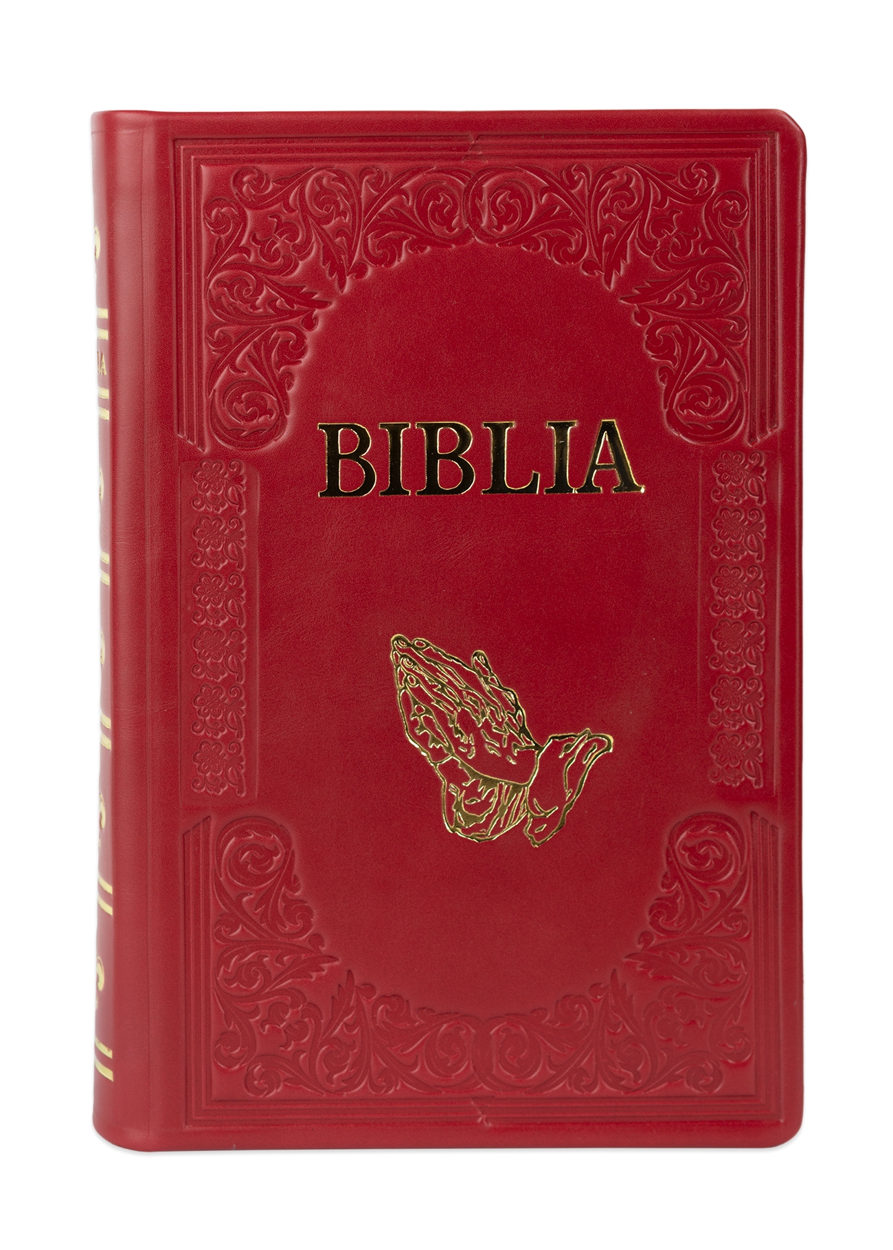 Biblie mare, piele, handmade, roșie, simbol mâini în rugăciune, index, margini aurii,  cuv. Isus cu rosu [SI 076 HM]