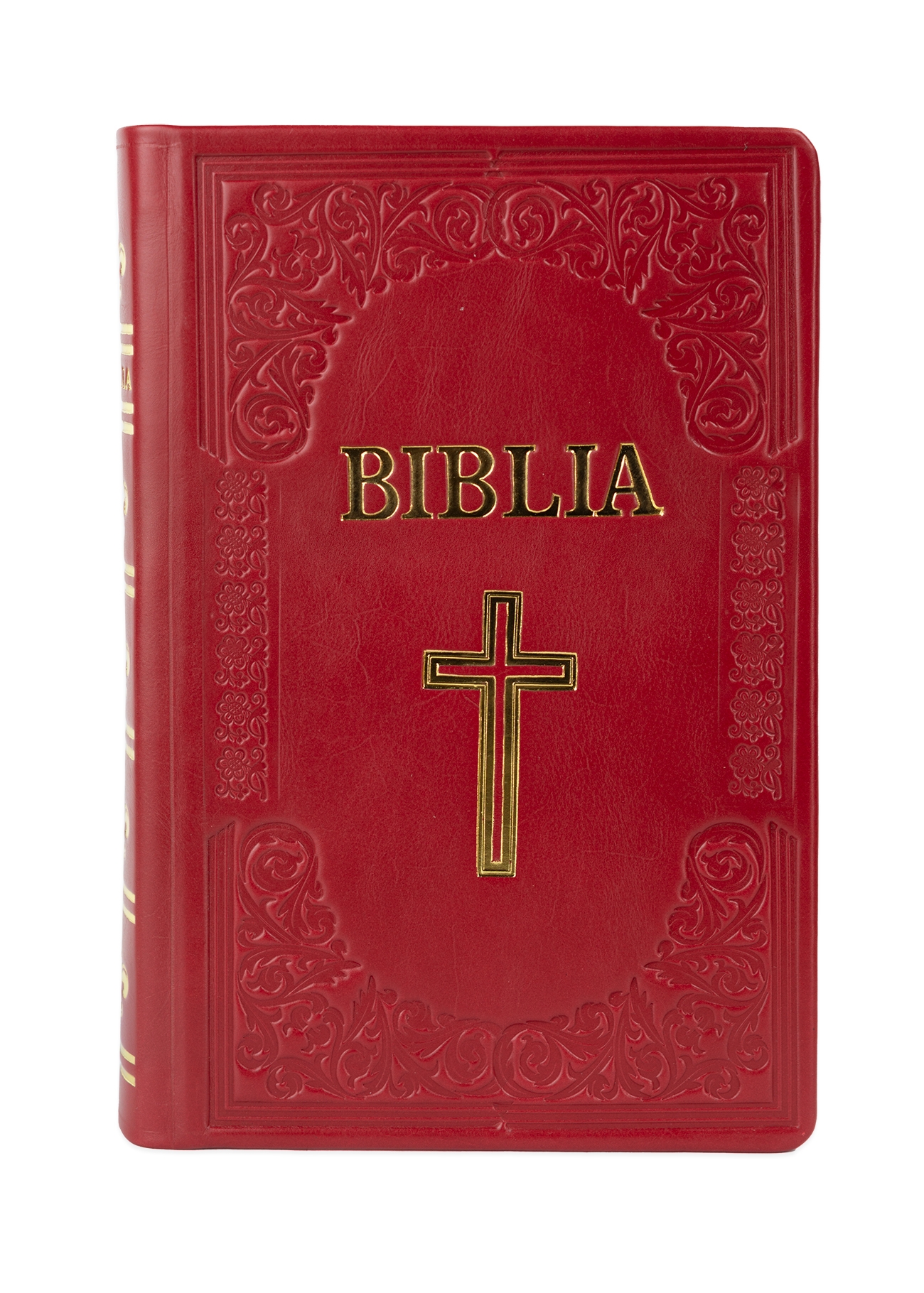 Biblie mare, piele, handmade, roșie, simbol cruce,  index, margini aurii,  cuv. Isus cu rosu [SI 076 HM]
