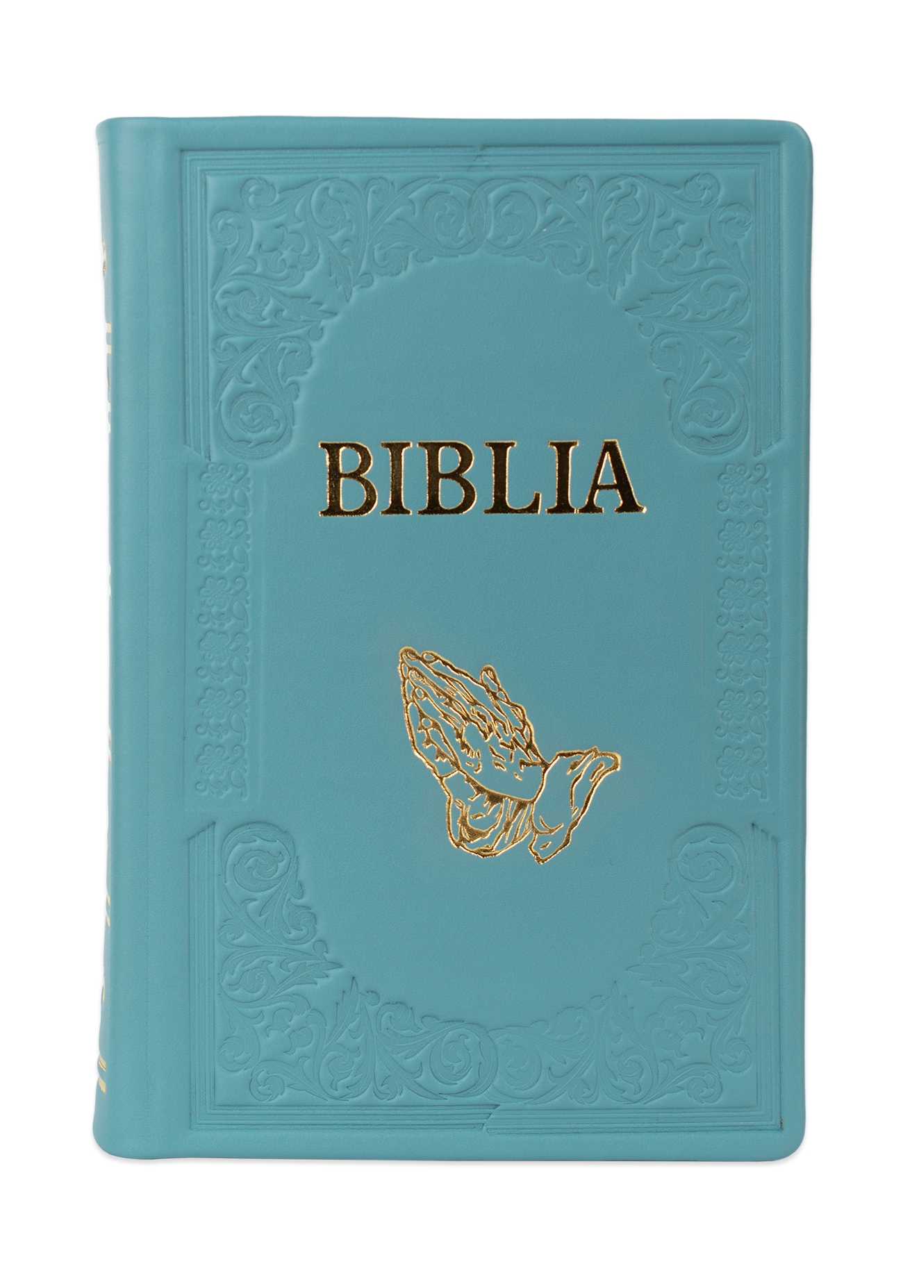 Biblie mare, piele, handmade, verde turcoaz, simbol mâini în rugăciune, index, margini aurii,  cuv. Isus cu rosu [SI 076 HM]