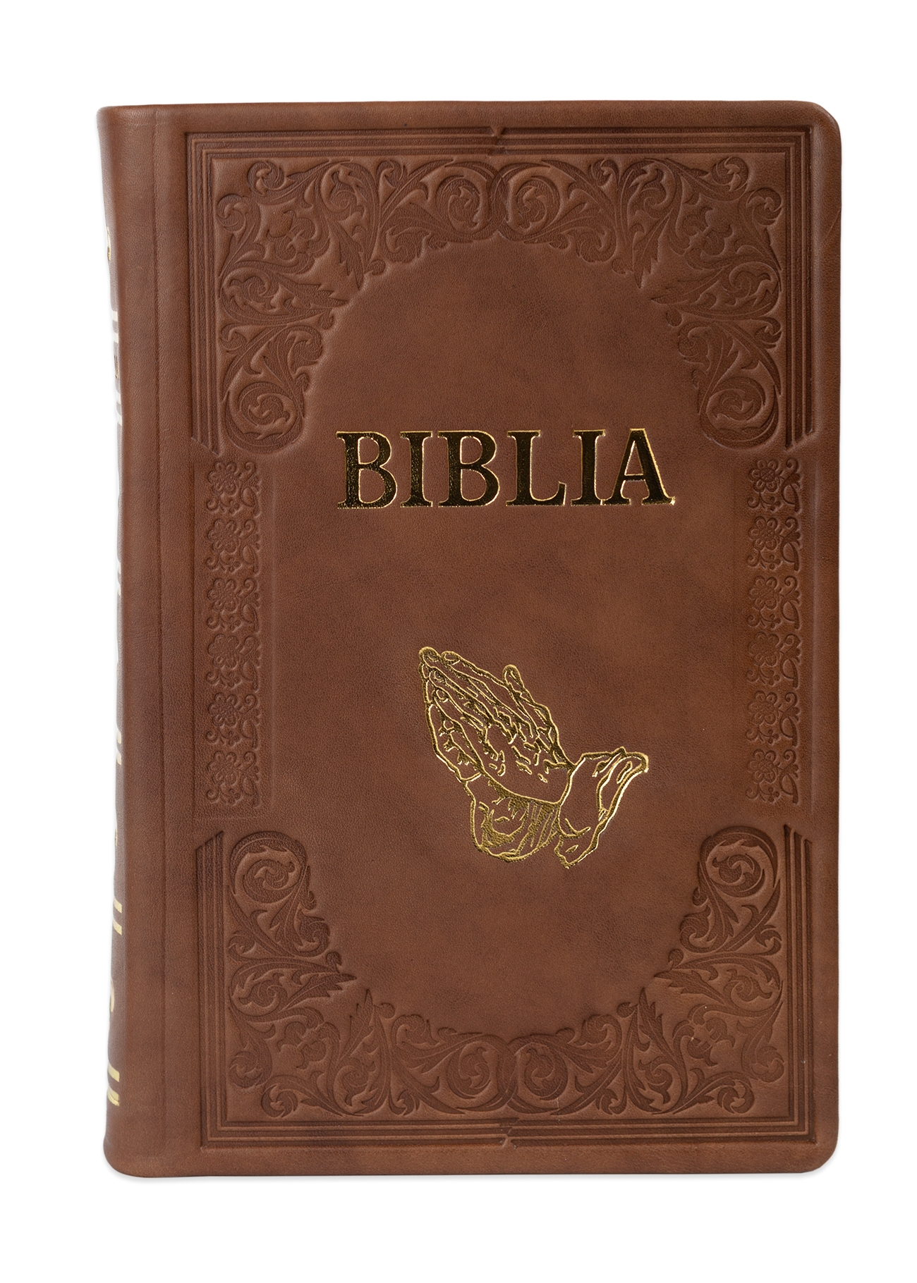 Biblie mare, piele, handmade, maro, simbol mâini în rugăciune, index, margini aurii,  cuv. Isus cu rosu [SI 076 HM]