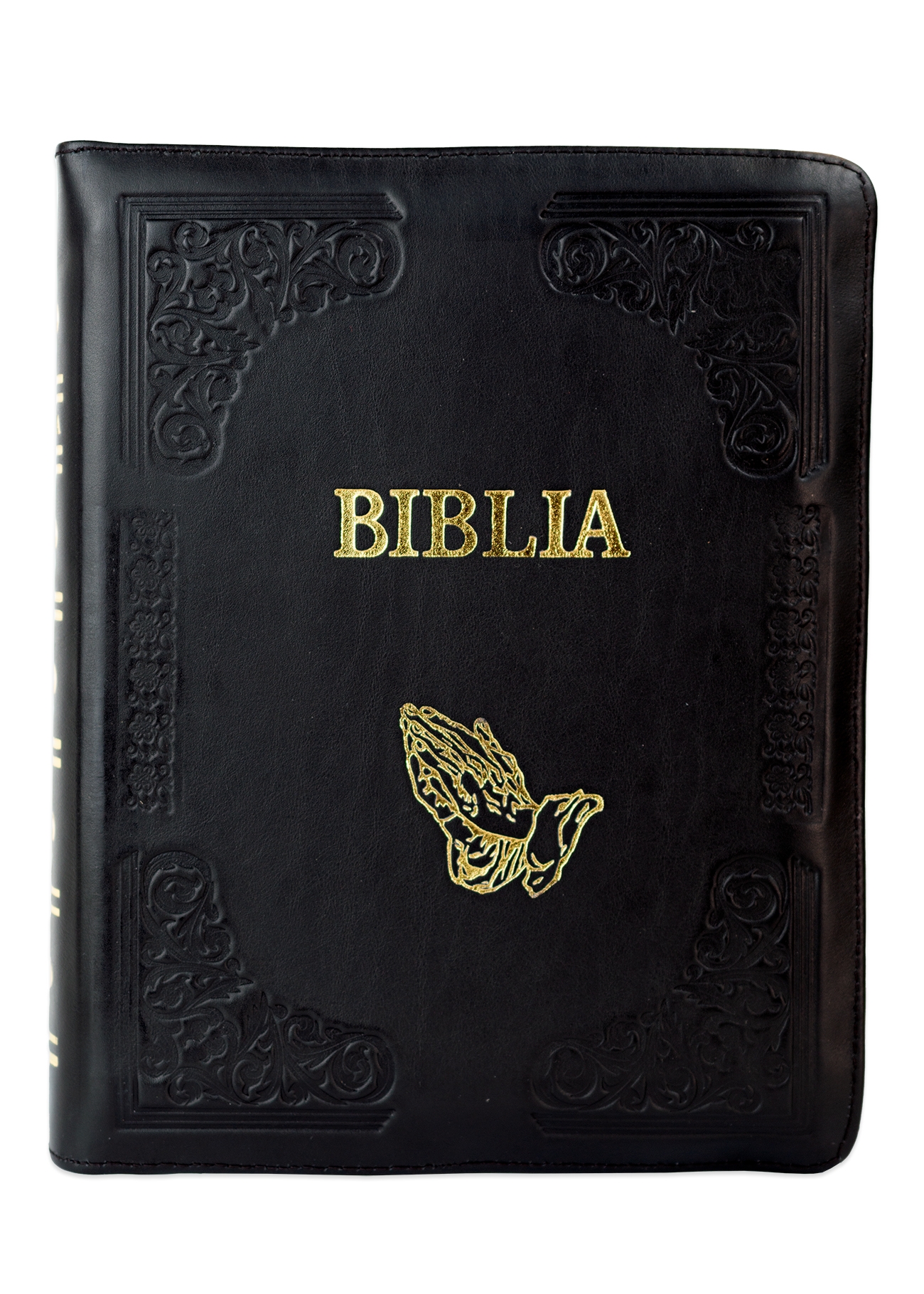 Biblia de studiu inductiv (trad. D. Cornilescu), piele naturala handmade, neagra, fermoar, simbol maini in rugaciune, margini aurii Biblia de studiu inductiv (trad. D. Cornilescu), piele naturala handmade, neagra, fermoar, simbol maini in rugaciune, margini aurii