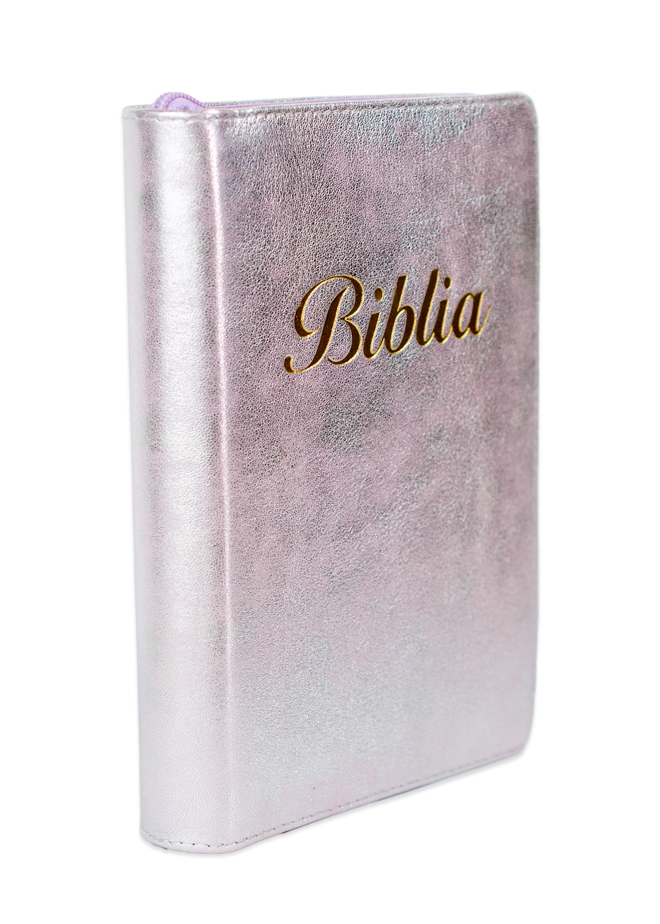 Biblia marime mica, mov deschis, piele, fermoar, margini aurii, index, cuv. lui Isus cu rosu [047 PFI]