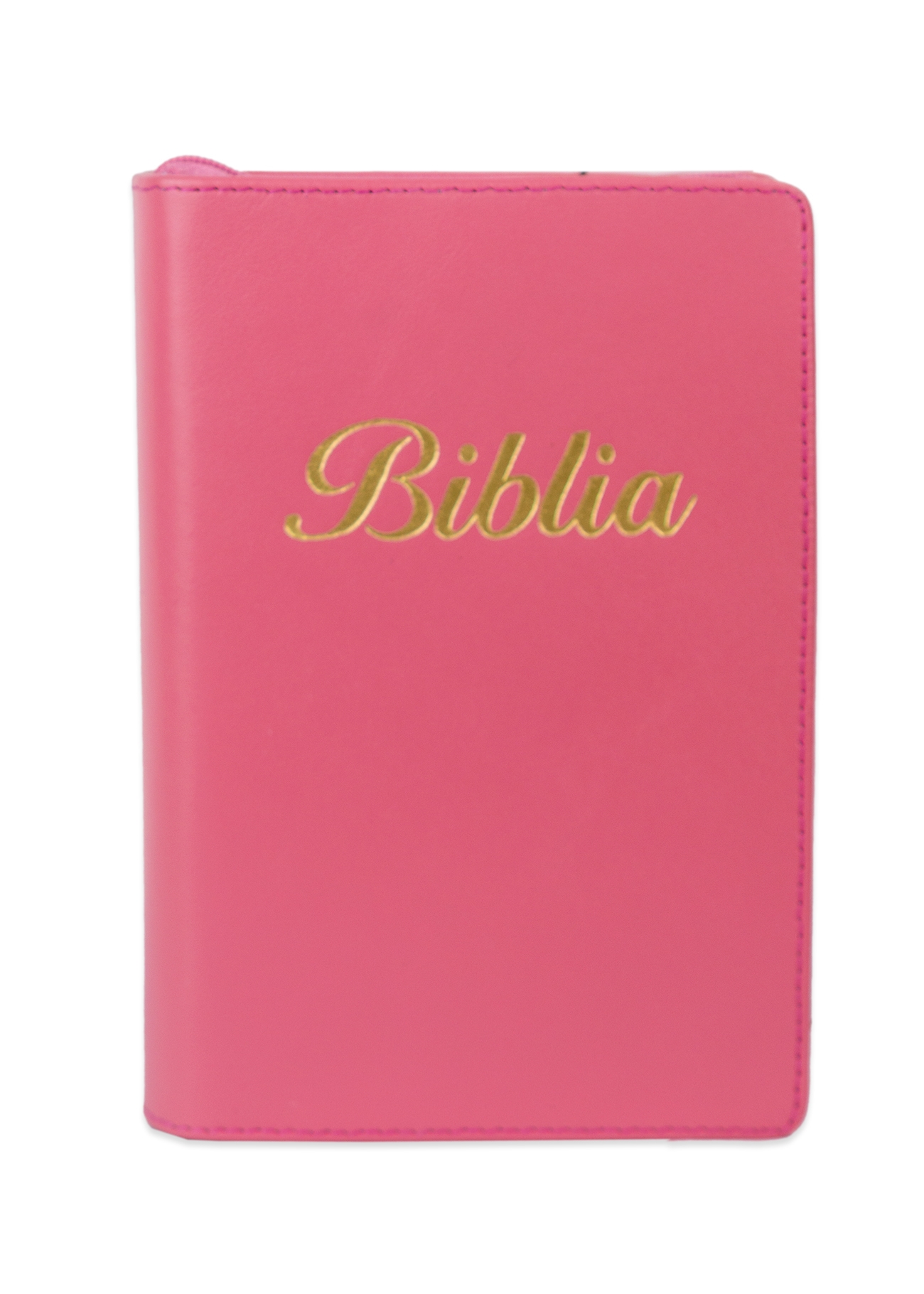 Biblia marime mica, roz, piele, fermoar, margini aurii, index, cuv. lui Isus cu rosu [047 PFI]