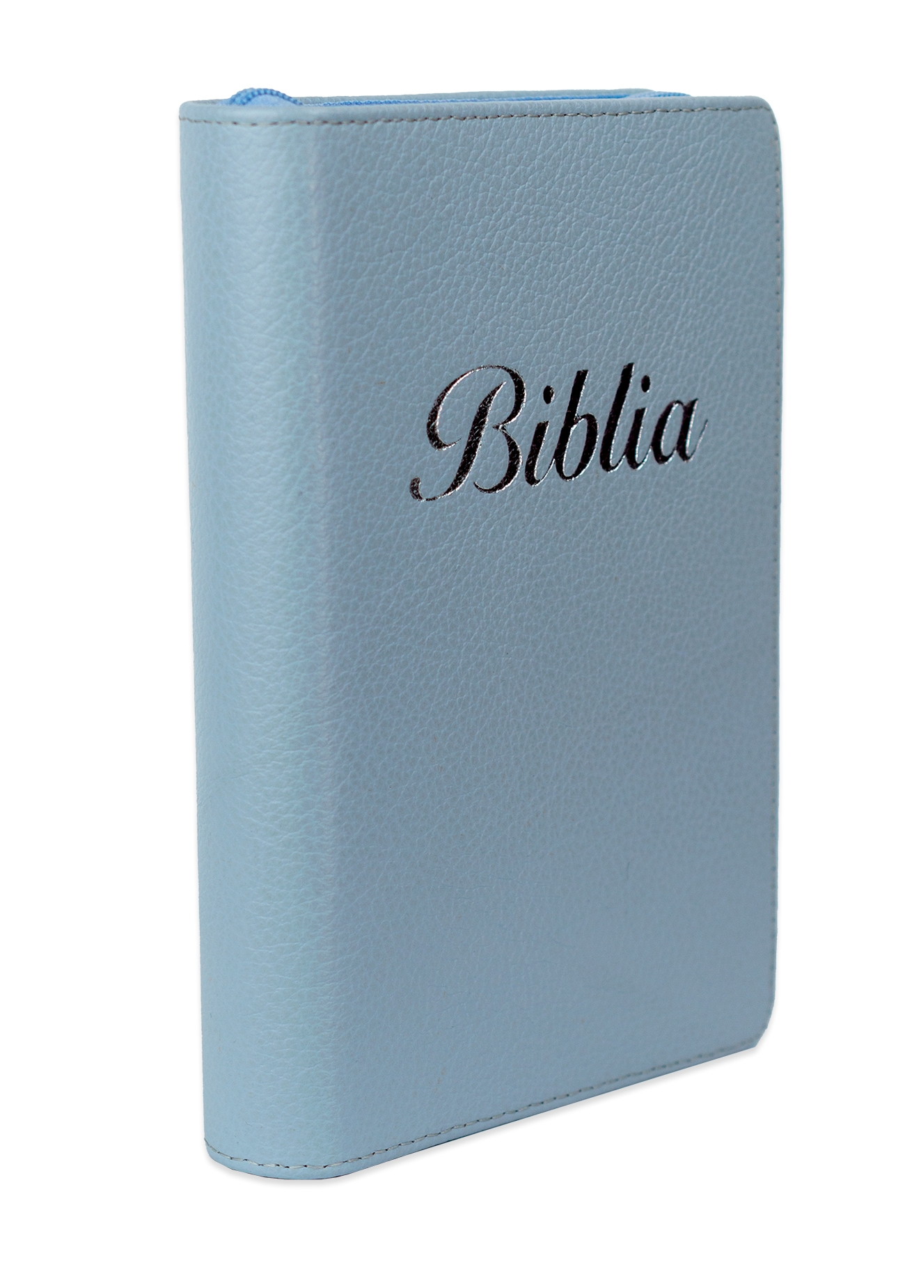 Biblia marime mica, albastru deschis, piele, fermoar, margini aurii, index, cuv. lui Isus cu rosu [047 PFI]