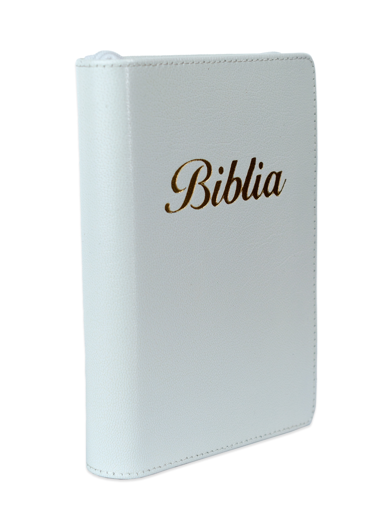 Biblia marime mica, alba, piele, fermoar, margini aurii, index, cuv. lui Isus cu rosu [047 PFI]